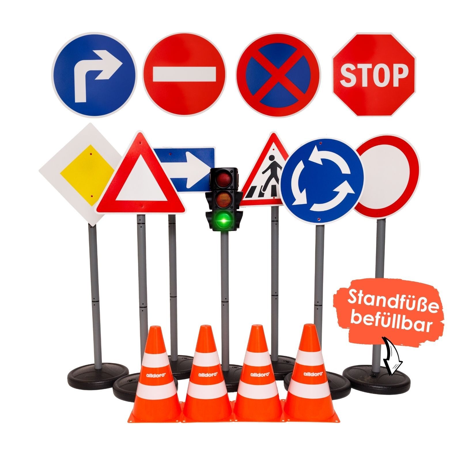 alldoro Spiel-Verkehrszeichen XXL Verkehrsset für Kinder - mit Ampel, 10 Schildern & 4 Pylonen, Standfüße befüllbar, großes Set für Verkehrserziehung und Rollenspiele
