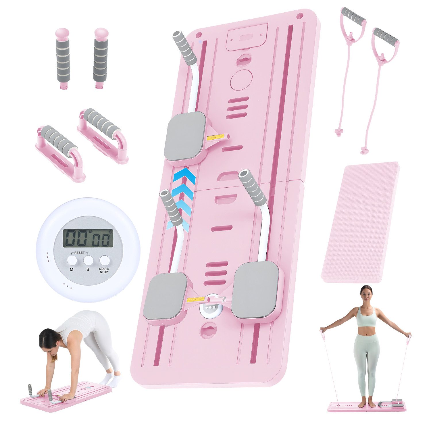 oyajia Ganzkörpertrainer Faltbare Pilates-Fitnessboard, Multifunktionale Trainingsplattform, (Mit Widerstandsbändern, Griffen & Fußstützen für Vielseitige Übungen, 11-tlg., Inklusive Yoga-Pad & Timer – ideal für Home-Workout & Core-Training), Rutschfestes Material, Kompakt Verstaubar & Komfortables Handling