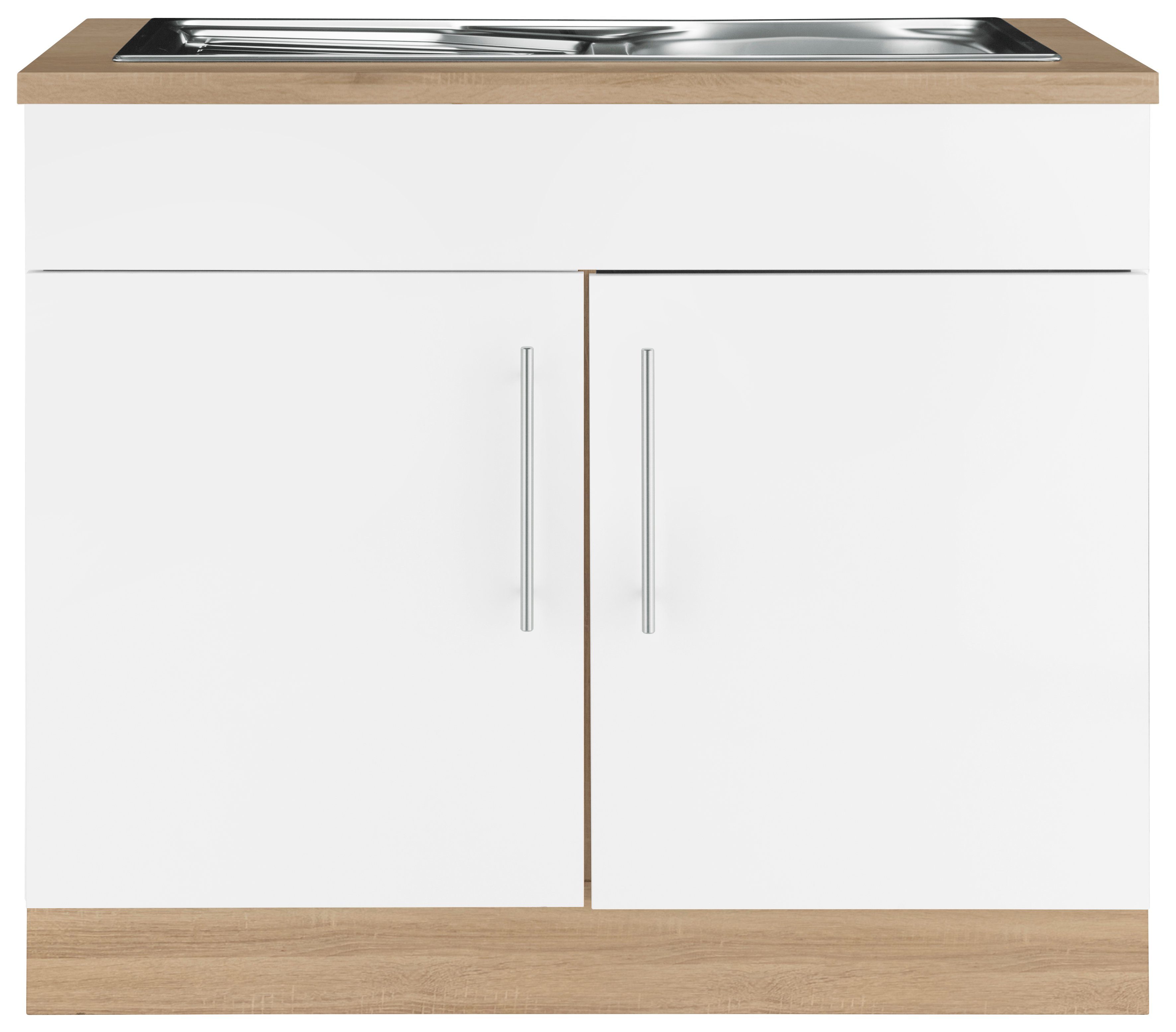 wiho Küchen Spülenschrank Cali 100 cm breit Front: Weiß matt, Korpus und Arbeitsplatte: Sonoma eichefarben | Eichefarben