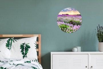 MuchoWow Wandsticker Lavendel - Blumen - Sonnenuntergang - Lila - Wiese (1 St), Tapetenkreis für Kinderzimmer, Tapetenaufkleber, Rund, Wohnzimmer