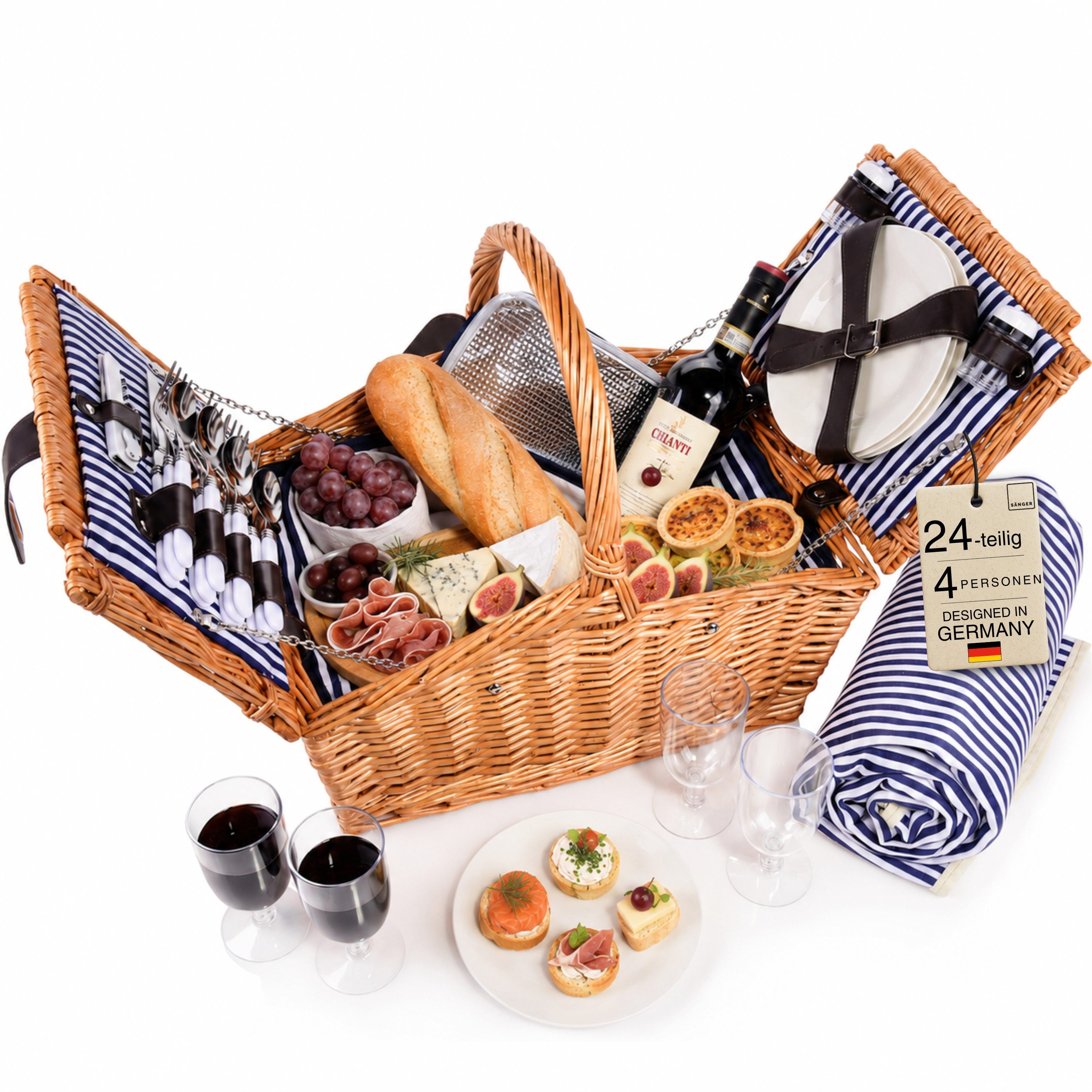 SÄNGER Picknickkorb Sylt (Set, 24 St., Picknickkorb), 4 Personen, Picknickdecke & Geschirr