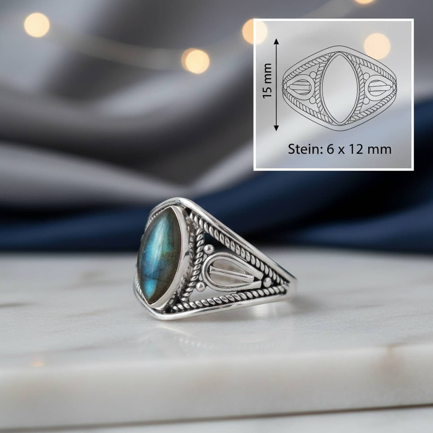 mantraroma Silberring DAHAB Ellipse aus 925 Silber mit Labradorit (Ring mit Schmuckbeutel), Damenring aus 925er Silber