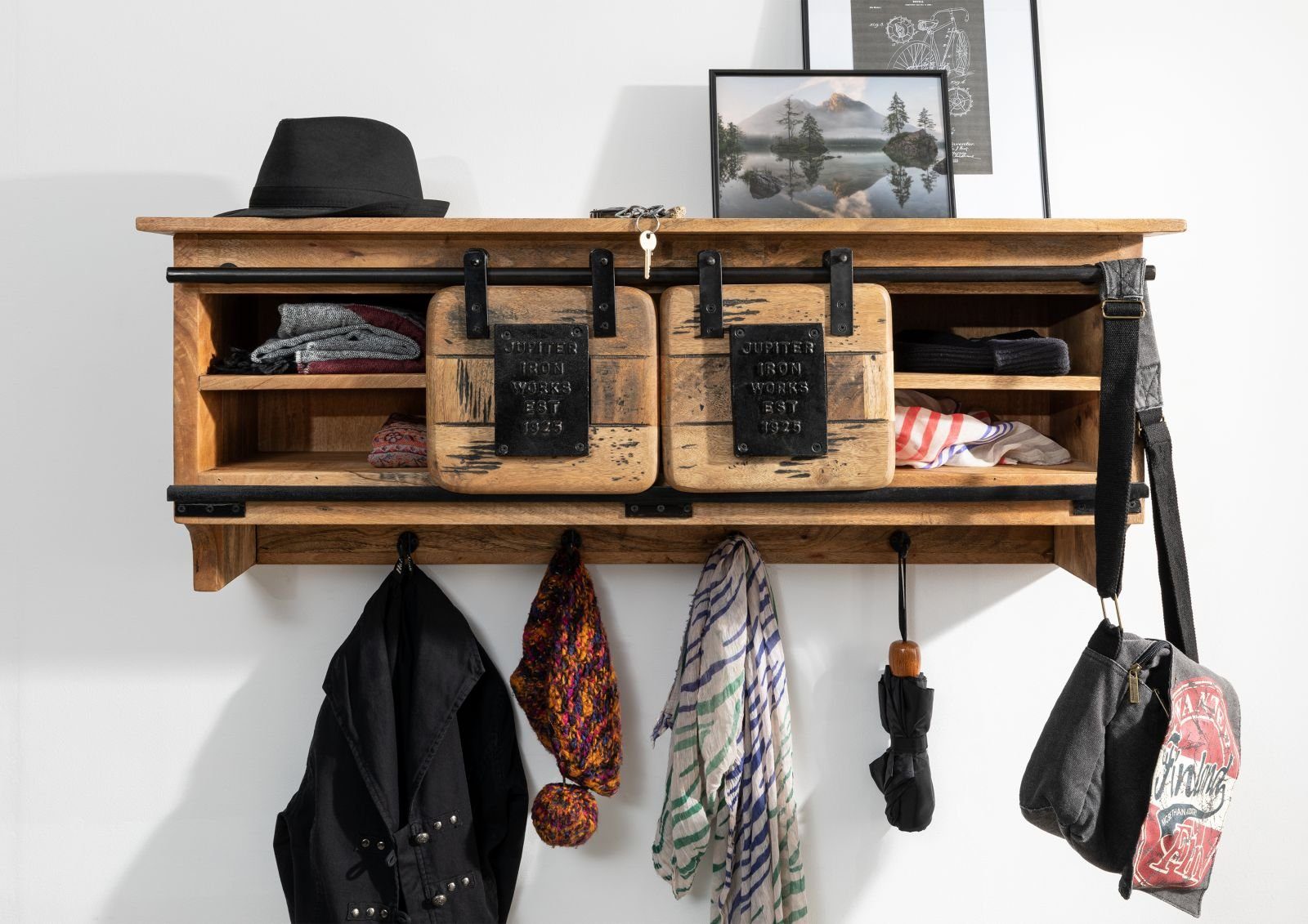 Massivmoebel24 Wandgarderobe RAILWAY, Wandgarderobe Mango 115x30x45 natur lackiert RAILWAY #159