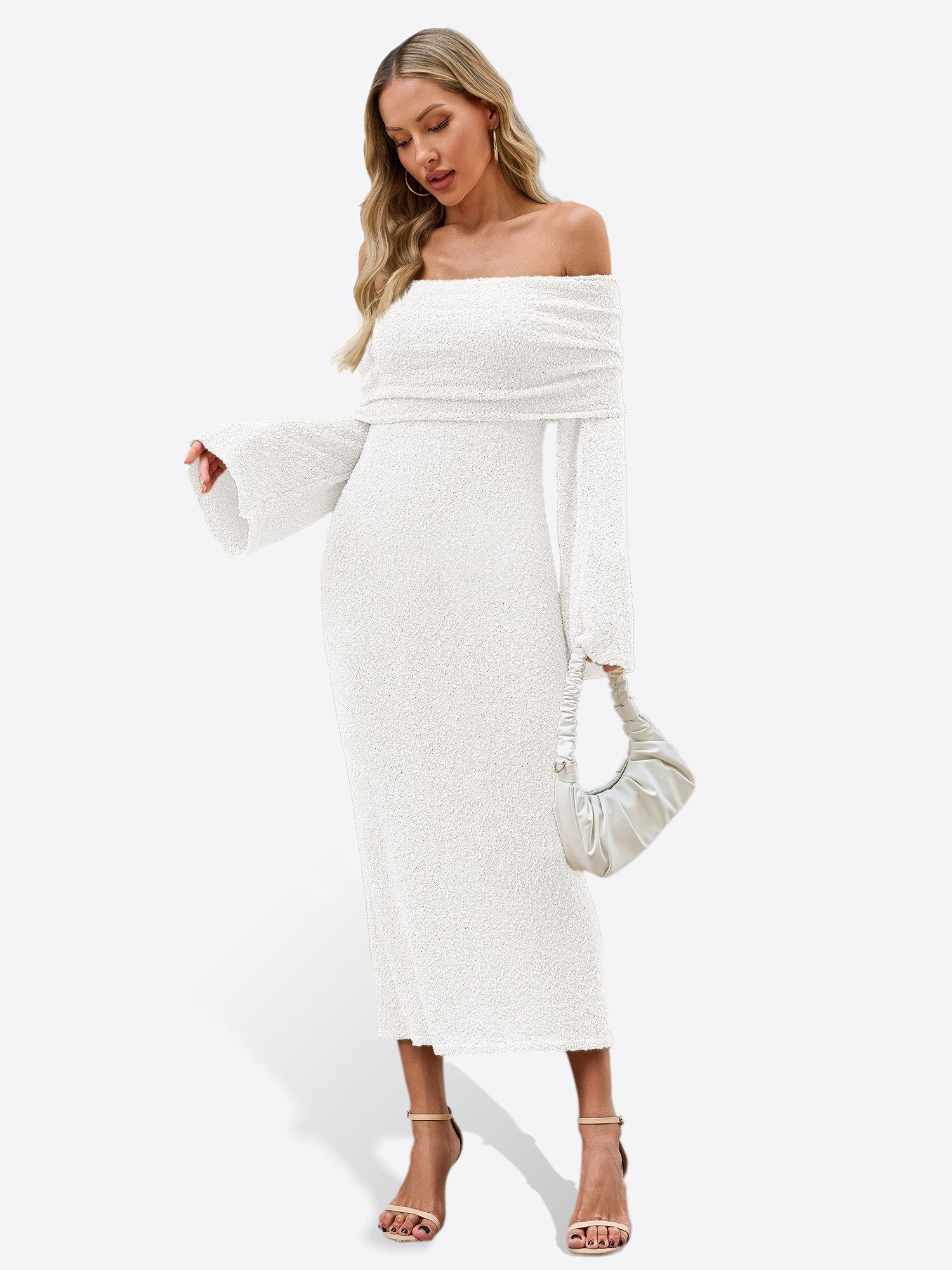 Imily Bela Strandkleid Damen Schulterfrei Strick Maxi Trompetenärmel Sexy Bikini Cover-up (Packung, 1-tlg., 1per-Pack) gehäkelt in Unifarbe