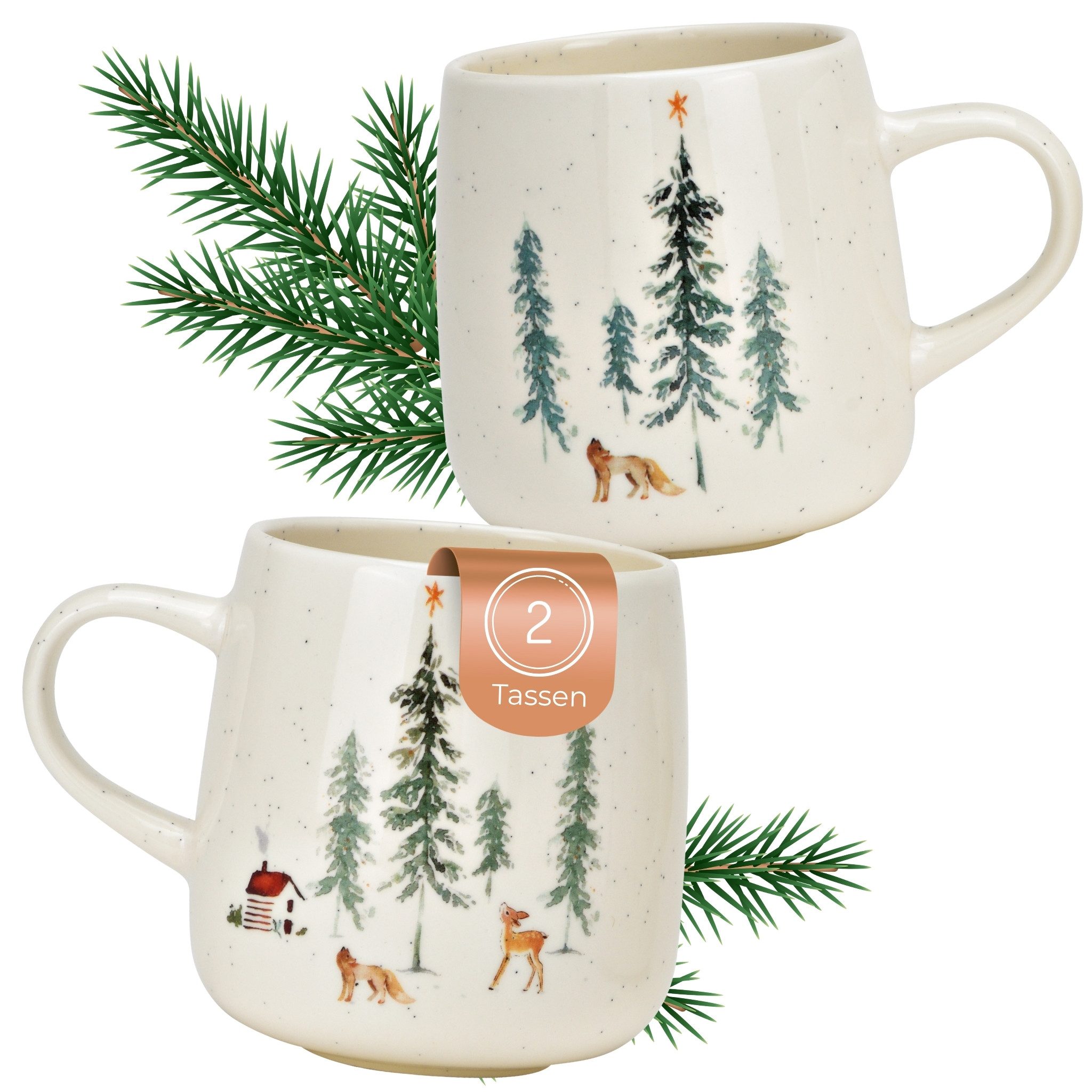 matches21 HOME & HOBBY Tasse Weihnachtstassen Set Waldlandschaft, Кофейные чашки 500 ml, Porzellan, Чашки für Kaffee & Tee für Weihnachten