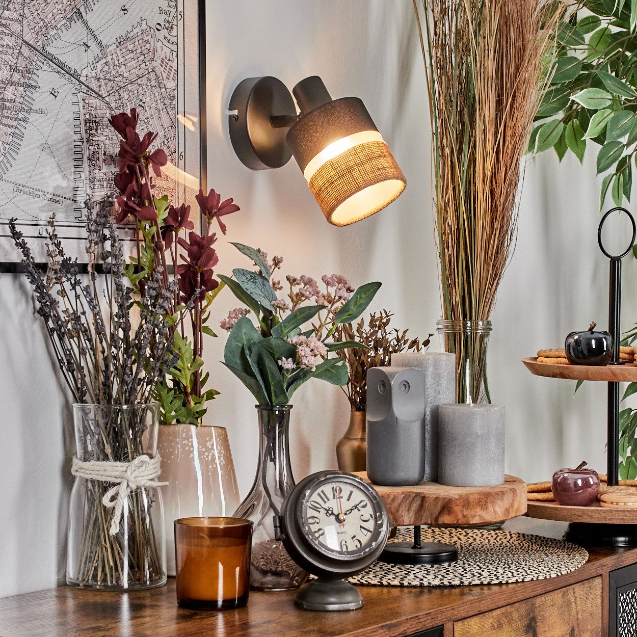 hofstein Wandleuchte Wandlampe aus Metall/Stoff/Leinen in Schwarz/Klar/Naturfarben, ohne Leuchtmittel, verstellbare Wandleuchte im modernen Boho-Design (Schirm 9 cm), E14