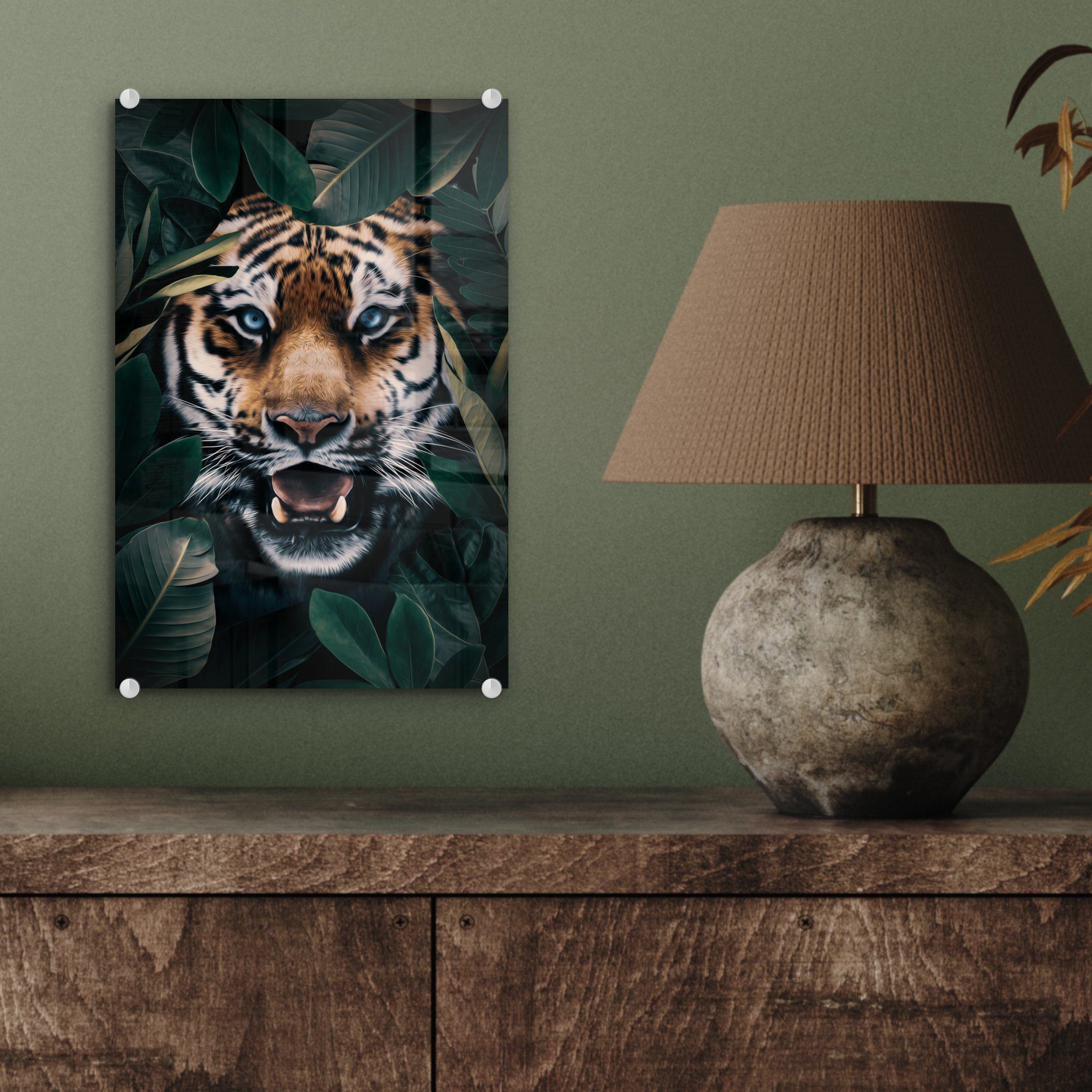 Glas Glas - Foto Wanddekoration Blau, St), auf - Bäume - - Wandbild auf MuchoWow Glasbilder Tiger bunt Acrylglasbild Bilder (1 -