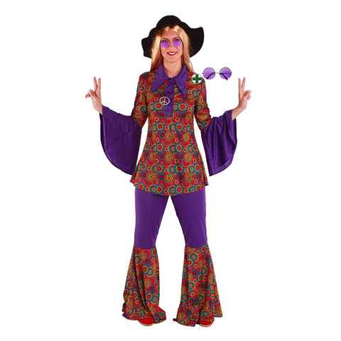 Karneval-Klamotten Hippie-Kostüm Damenkostüm 60er Jahre mit Hippie Brille groß, Retro Anzug lila-bunt mit Kragen, Hippie-Hemd, Schlaghose und flieder Brille