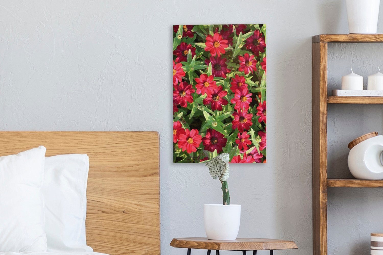 Zinnienblüten sonnigen OneMillionCanvasses® Leinwandbild Zackenaufhänger, cm St), Rote (1 Gemälde, bespannt einem fertig inkl. an Leinwandbild 20x30 Tag,