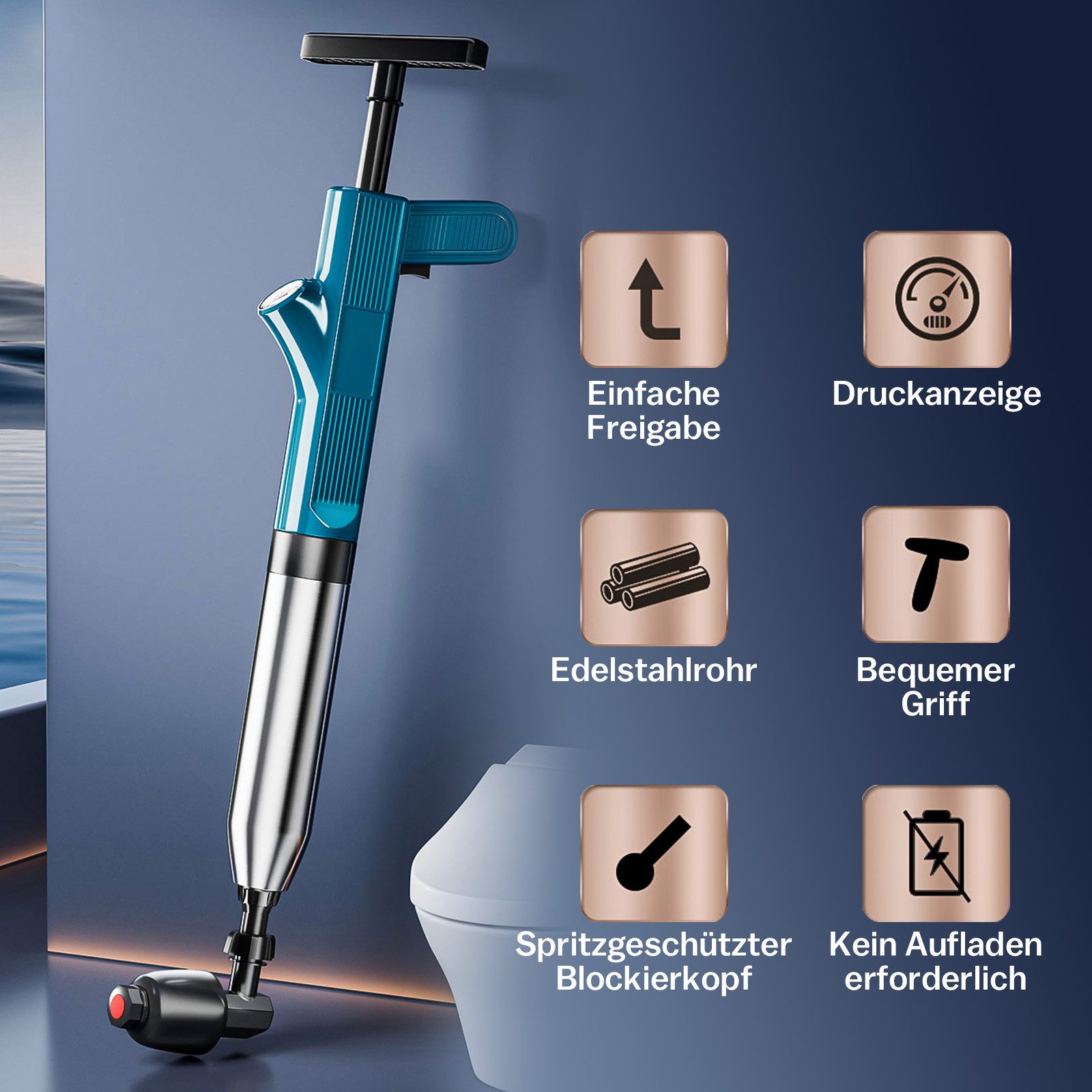 XERSEK Rohrreinigungspumpe Rohrreiniger Toilette Dusche & Spüle Abflussreiniger Druckluft Pumpe, aus Edelstahl, Max.6 Bar, mit 3 x Kolbenköpfe