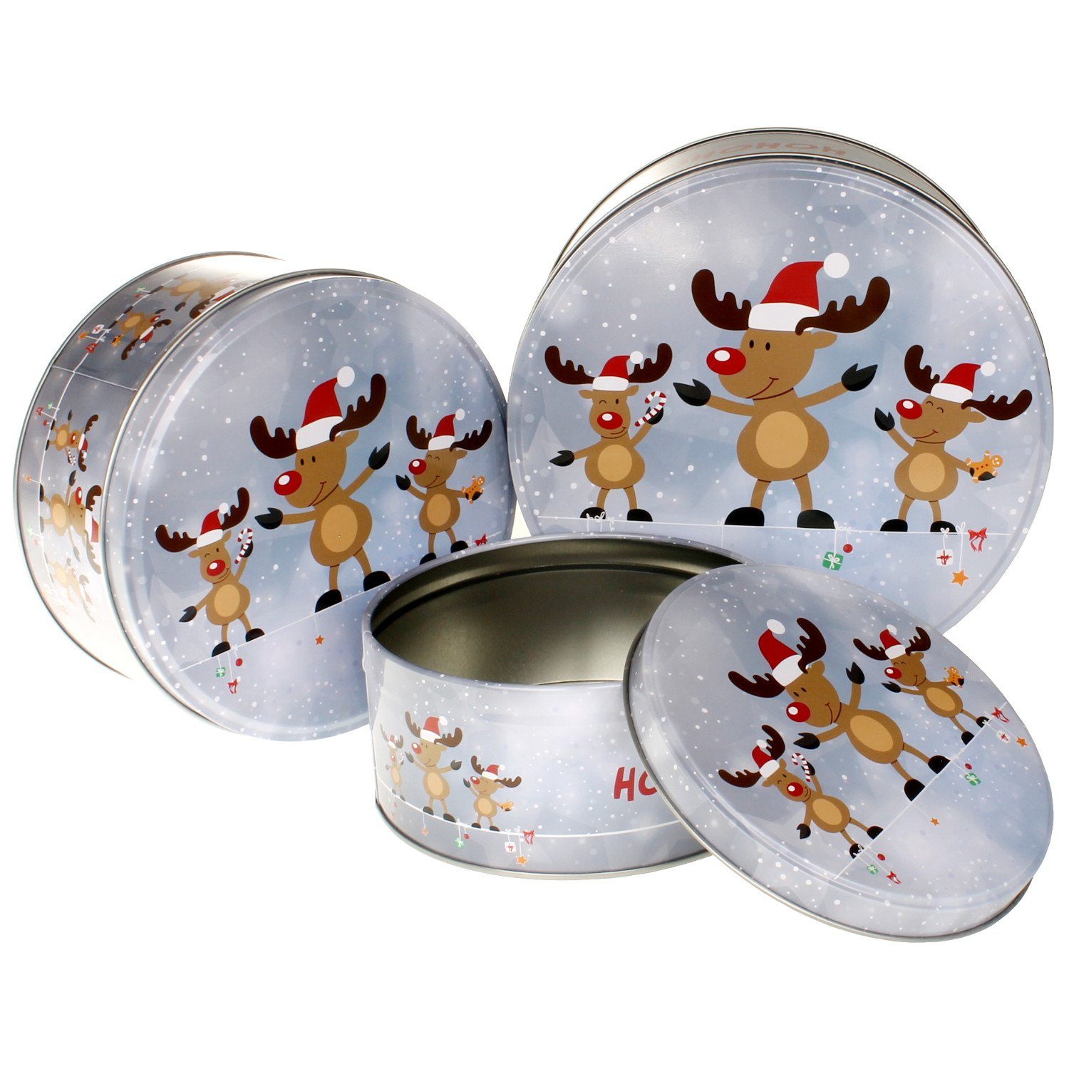 Macosa Home Keksdose stapelbare Keks-Dose Aufbewahrungsdose Plätzchen Weihnachten Blechdose, Metall, (3-tlg., Dosenset), 3er Set Gebäckdosen Metall Blau Grau Rentiere