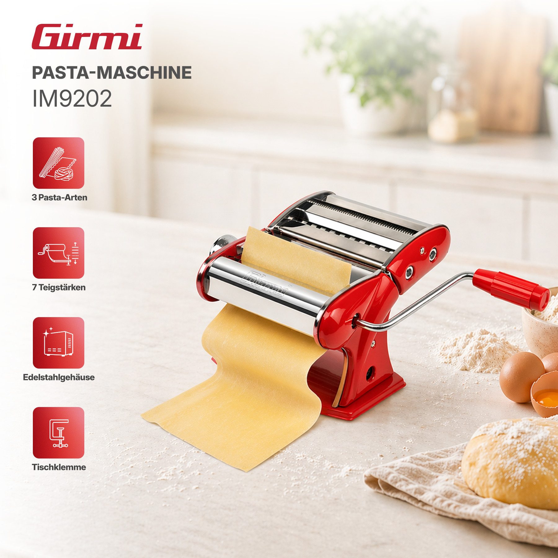 Girmi Nudelmaschine IM92, 3 Pastaformen, Edelstahl, 7 Teigstärken, Tischklemme, Aluminiumwalzen