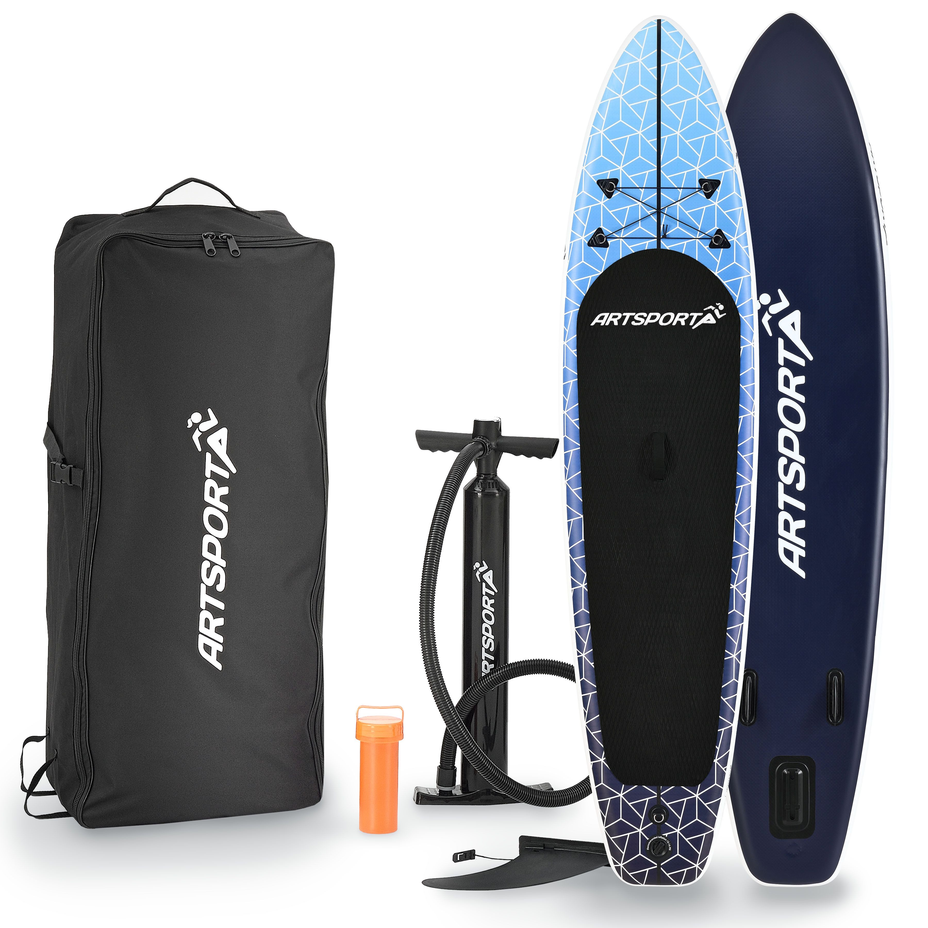 ArtSport Inflatable SUP-Board Deep Ocean, Stand Up Paddling Board, ideal für Anfänger, bis 150 kg, inkl. Tragetasche und Zubehör