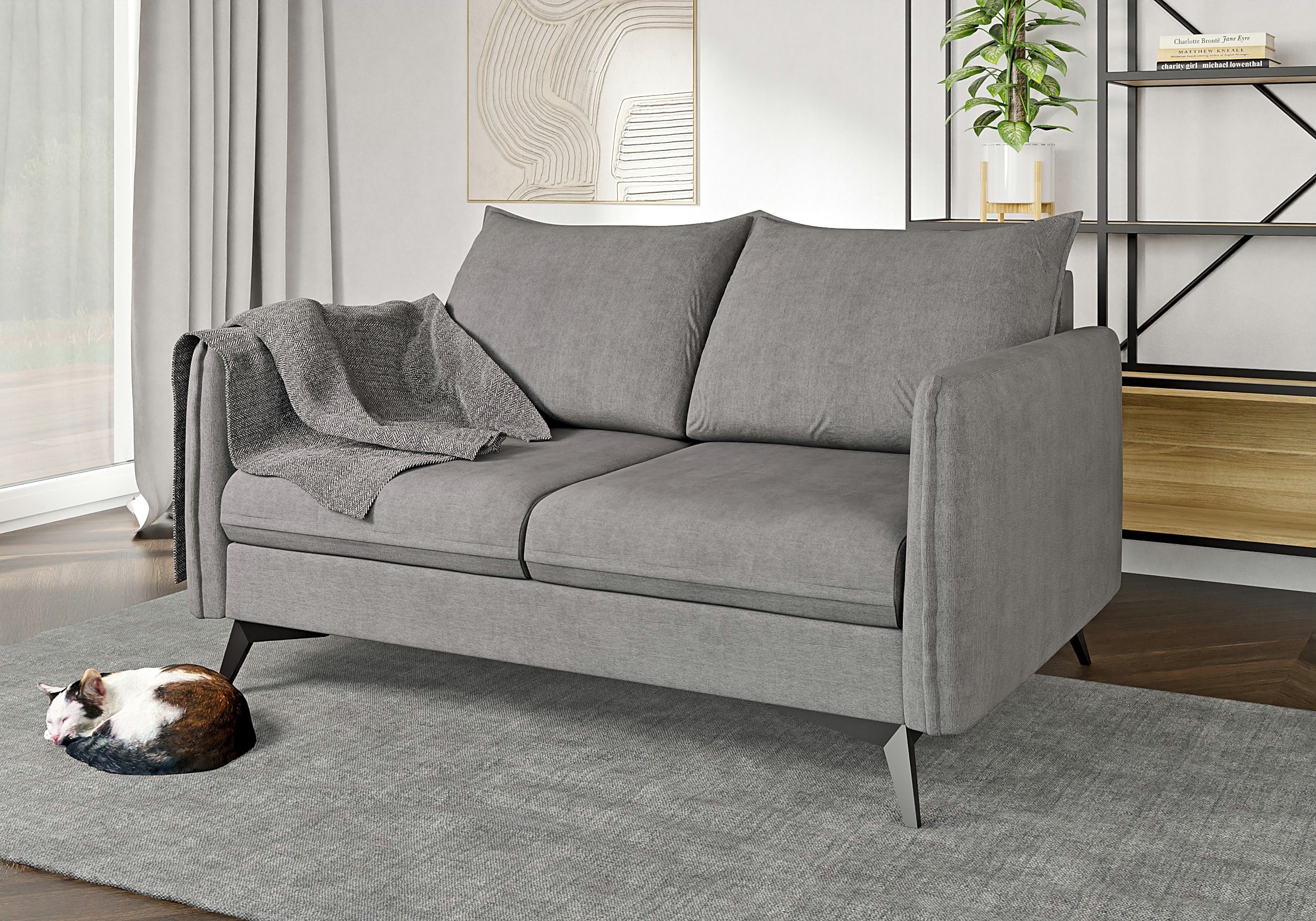 S-Style Möbel 2-Sitzer Modernes Sofa Azalea mit Schwarz Metall Füßen, mit Wellenfederung Grau