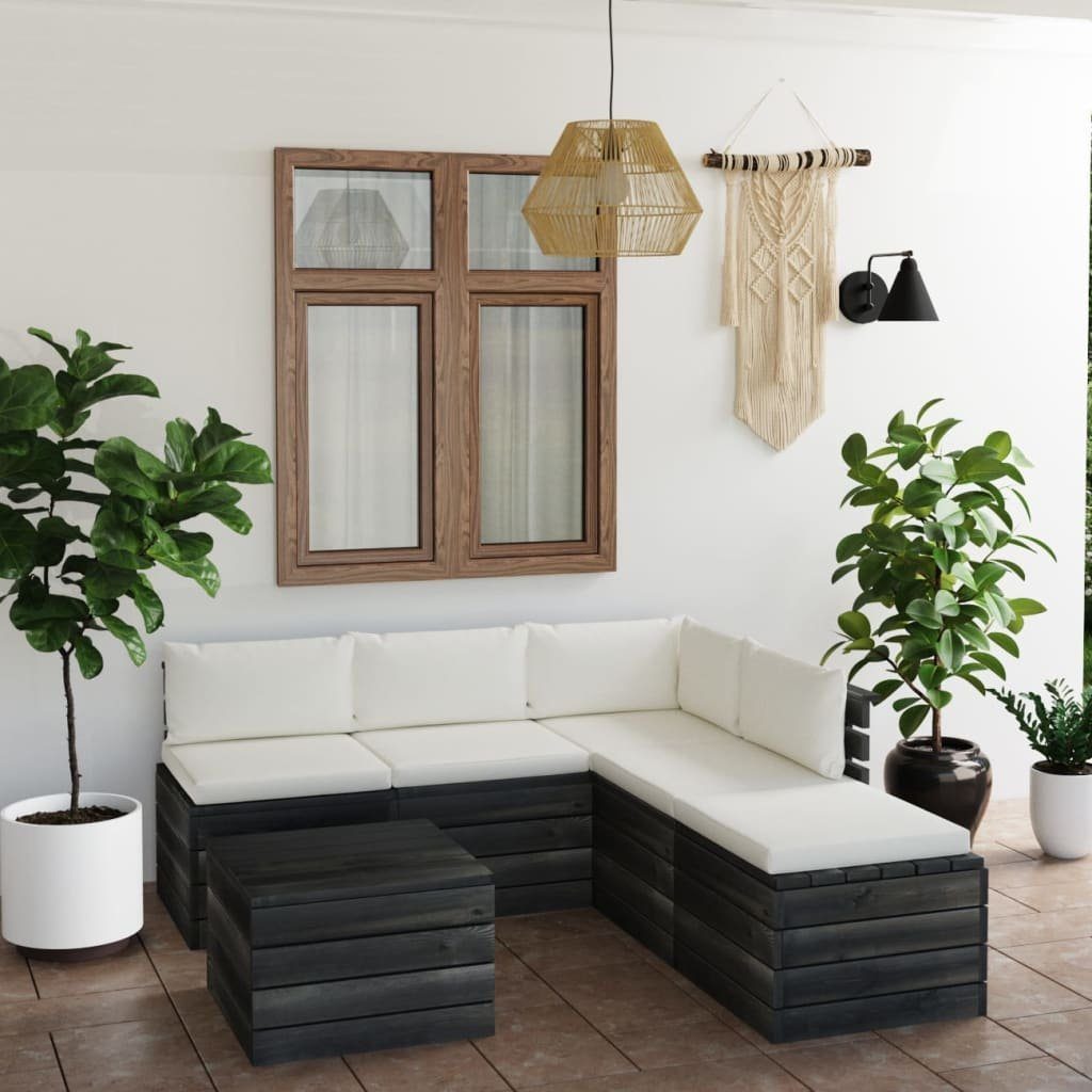 vidaXL Gartenlounge-Set 6-tlg. Garten-Sofagarnitur mit Creme Kissen Paletten (6-tlg) Kiefernholz, aus