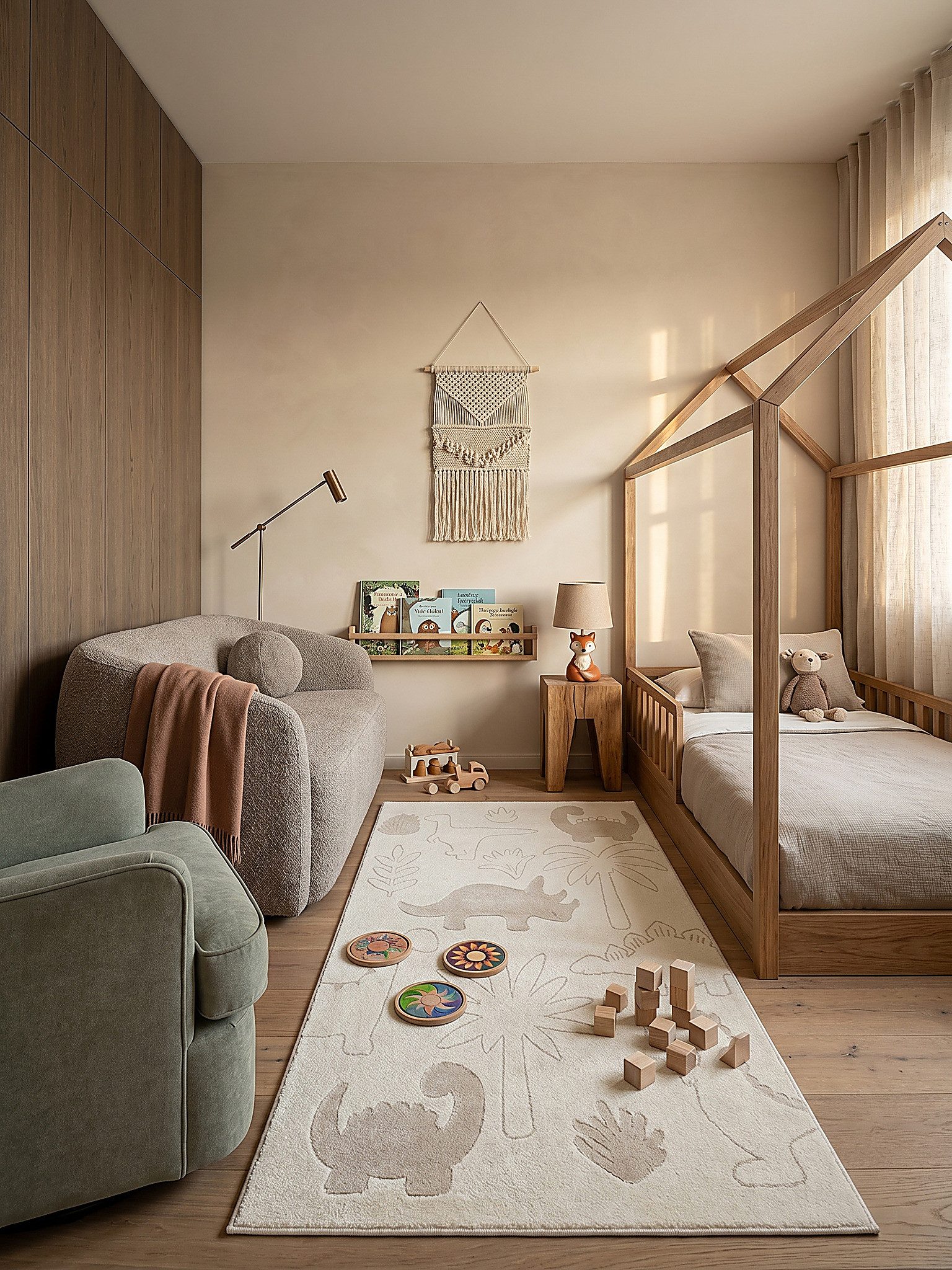 KADIMA DESIGN Kinderteppich CANAZEI Creme Kinderteppich 80x150 Dinosaurier Polypropylen Kurzflor, Läufer, Höhe: 14 mm, Saugroboter-geeignet, Strapazierfähig, Farbecht