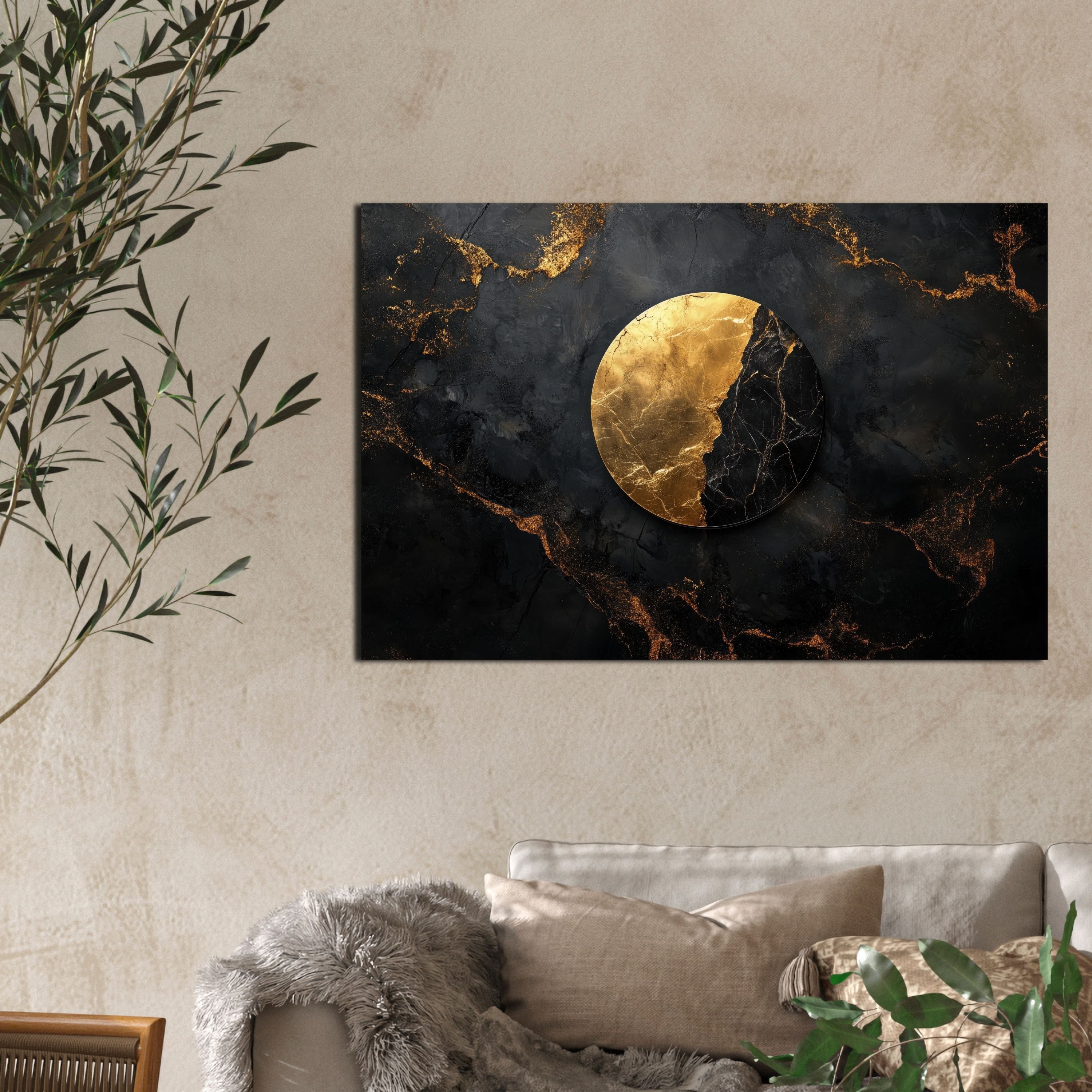 DARO Design Leinwandbild Modern Abstrakt Wandbilder XXL Wandbild Wand Deko Leinwand Bilder, (Kugel Schwarz Gold - Bild Groß Wohnzimmer Schlafzimmer Küche Esszim – Bild 4 von 5