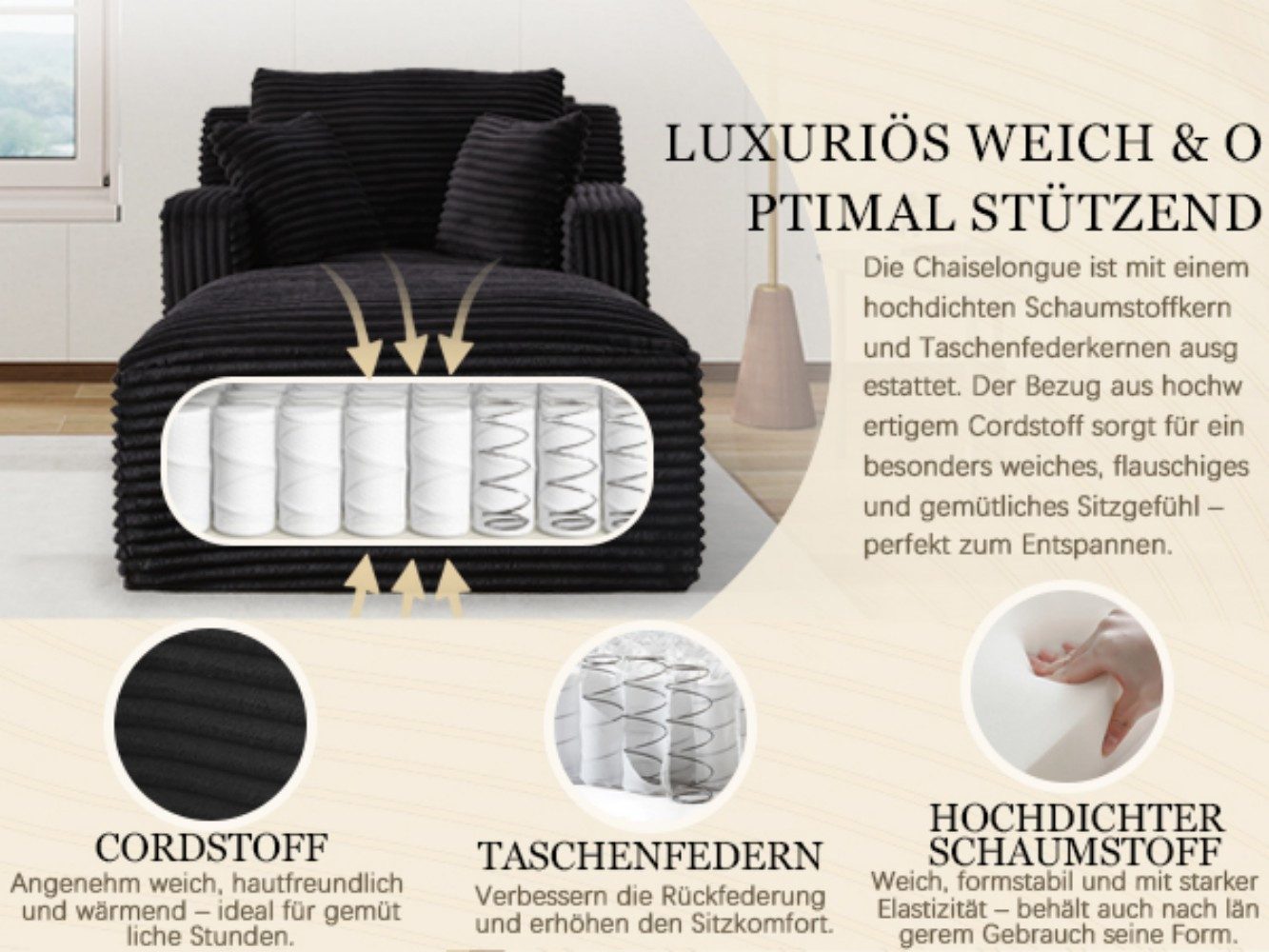 BlingBin Loungesofa Modernes Chaiselongue Sofa Chaiselongue-Sofa aus Cord, ohne Montage mit Taschenfederkern & Schaumstoffpolsterung 1 Teile, stilvolles 1-Sitzer-Liegesofa für Wohnzimmer, Büro oder Apartment