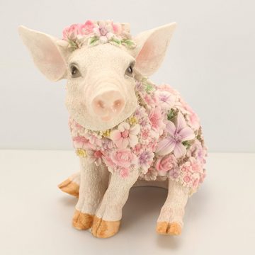Online-Fuchs Gartenfigur süßes SITZENDES Schwein mit Blumenkleid verziert Ferkel Tiere groß, Maße ca. 24 cm lang, 18 cm breit und 22 cm hoch, Balkon, Terrasse