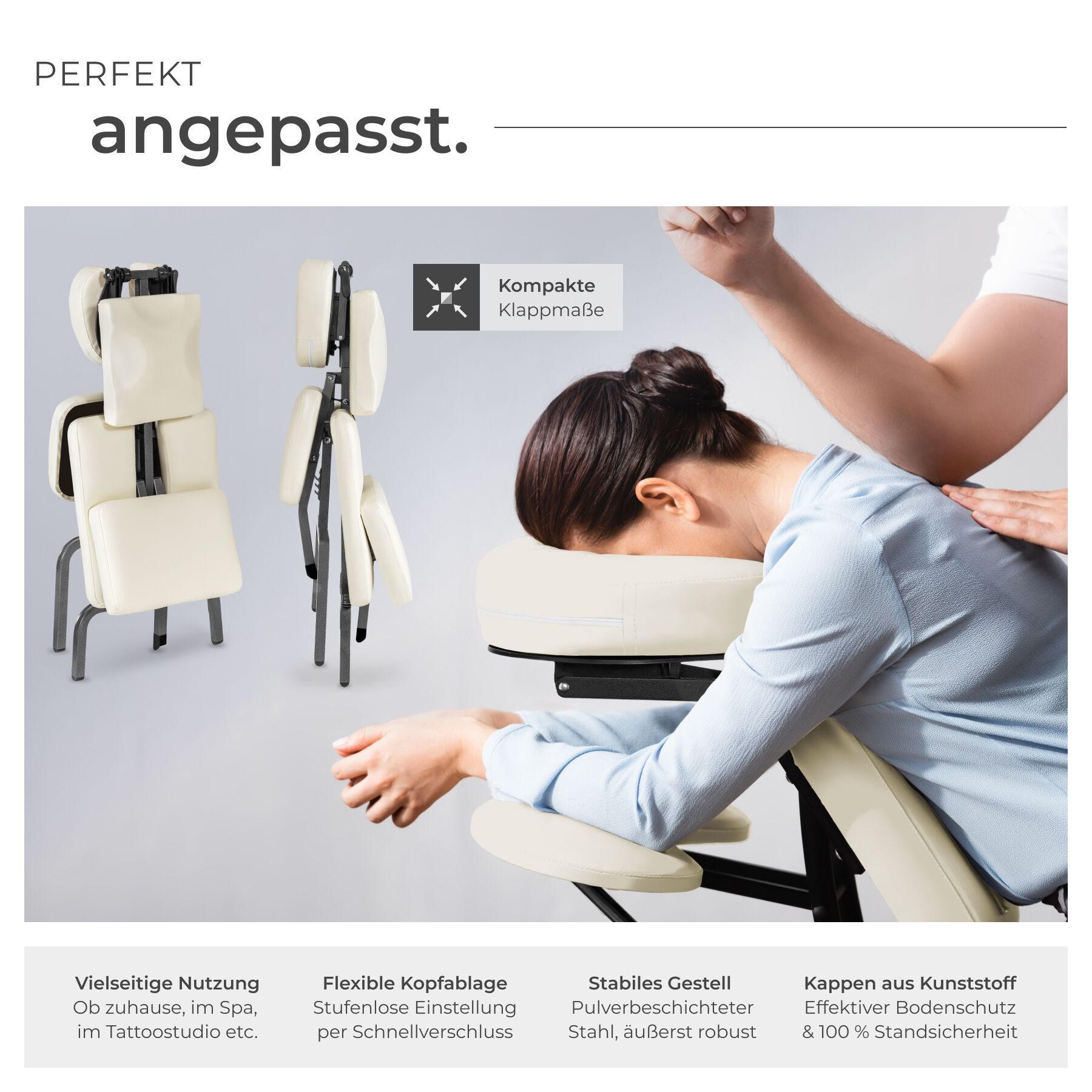 tectake Massagesessel Massagestuhl, klappbar, 80 x 50 x 105 cm, inklusive Tragetasche (Massageliege, in Beige), verstellbare Polster für Kopf, Brust und Arme, gepolsterte Beinablagen