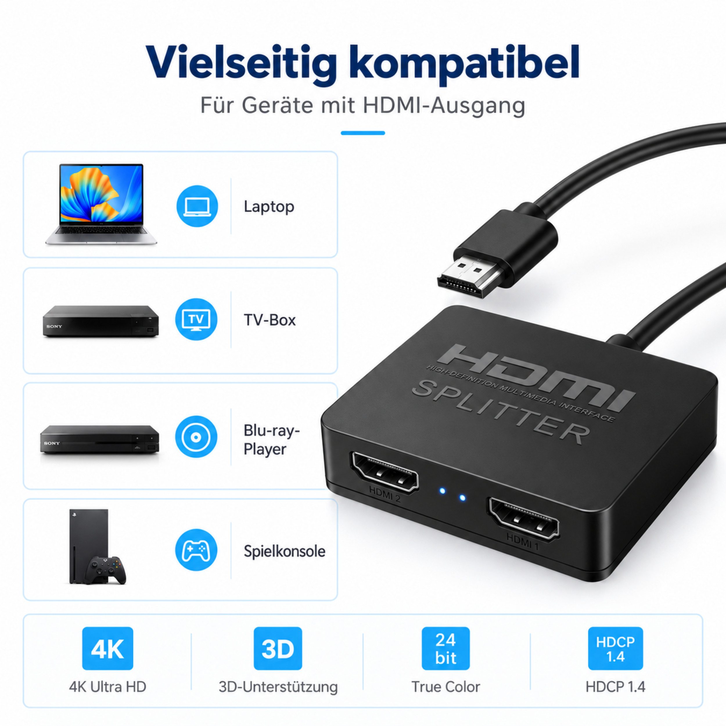 PlugUp HDMI-Splitter HDMI-Splitter 1 In 2 Out 4K HDMI 1.4 Verteiler für TV, Laptop & Beamer, 4HDMI 1.4 Splitter, 1 Eingang -> 2 Ausgänge, Bild- & Audioübertragu – Bild 5 von 5