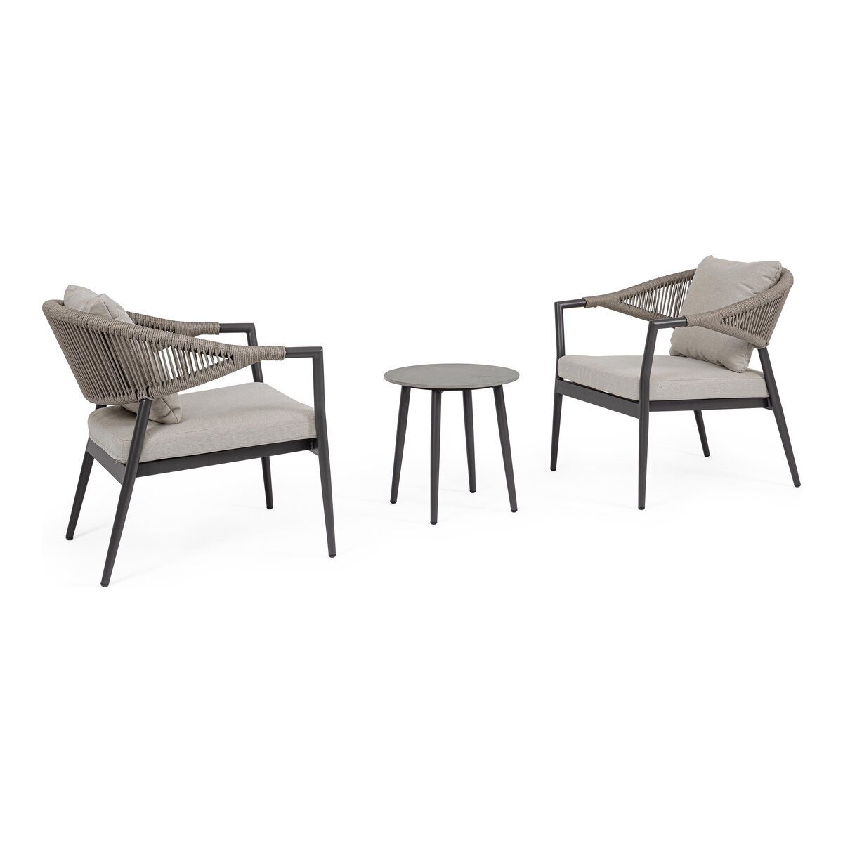 Feeling4Home Gartenlounge-Set 2er Millor - Aluminium & Polyester-Stoff, Anthrazit, inkl. Couchtisch, Designsessel mit Rücken- und Armlehnen mit Seilgeflecht