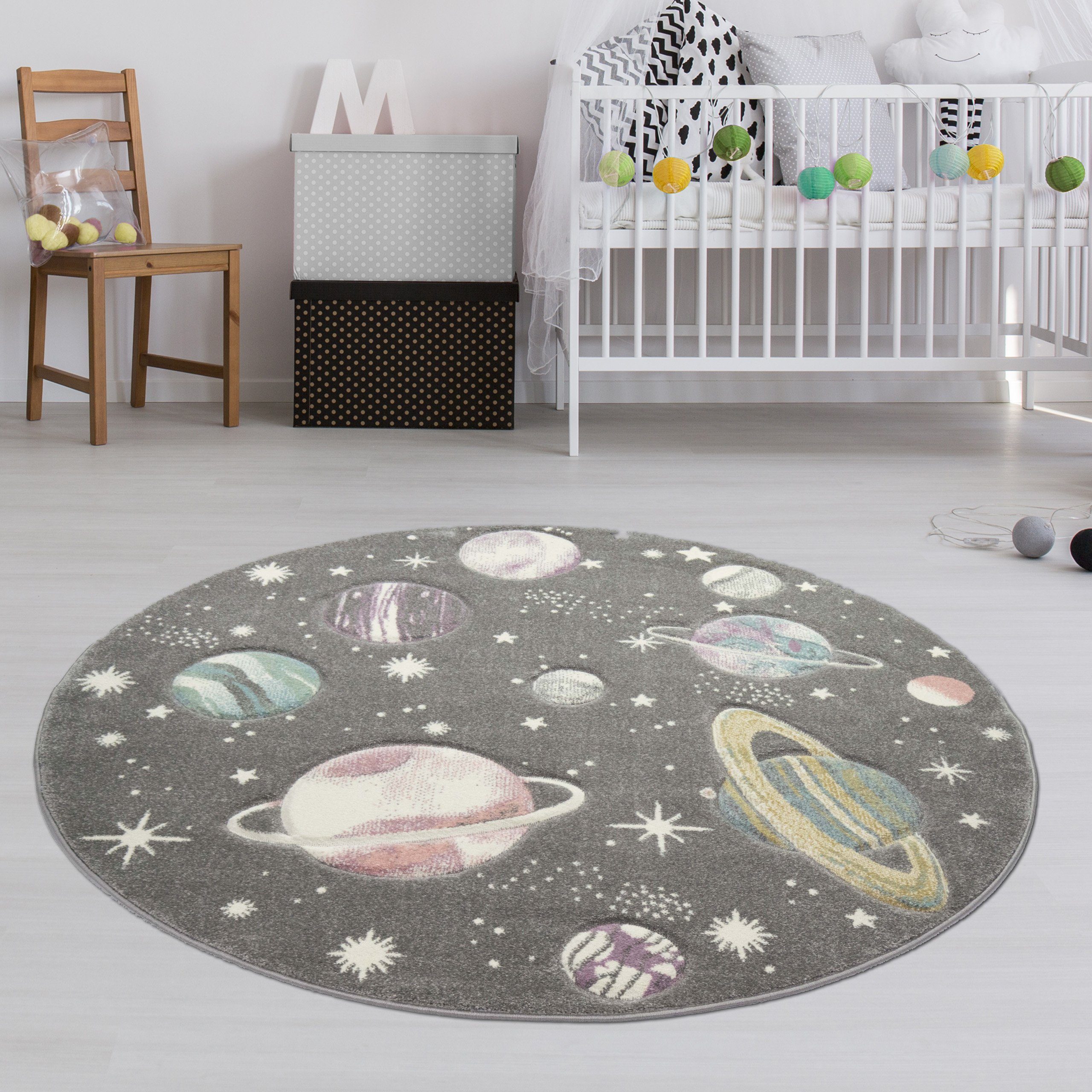 TeppichHome24 Kinderteppich Kinderteppich mit Sternen und Planeten in pastellgrau, Rund, Höhe: 1.3 mm