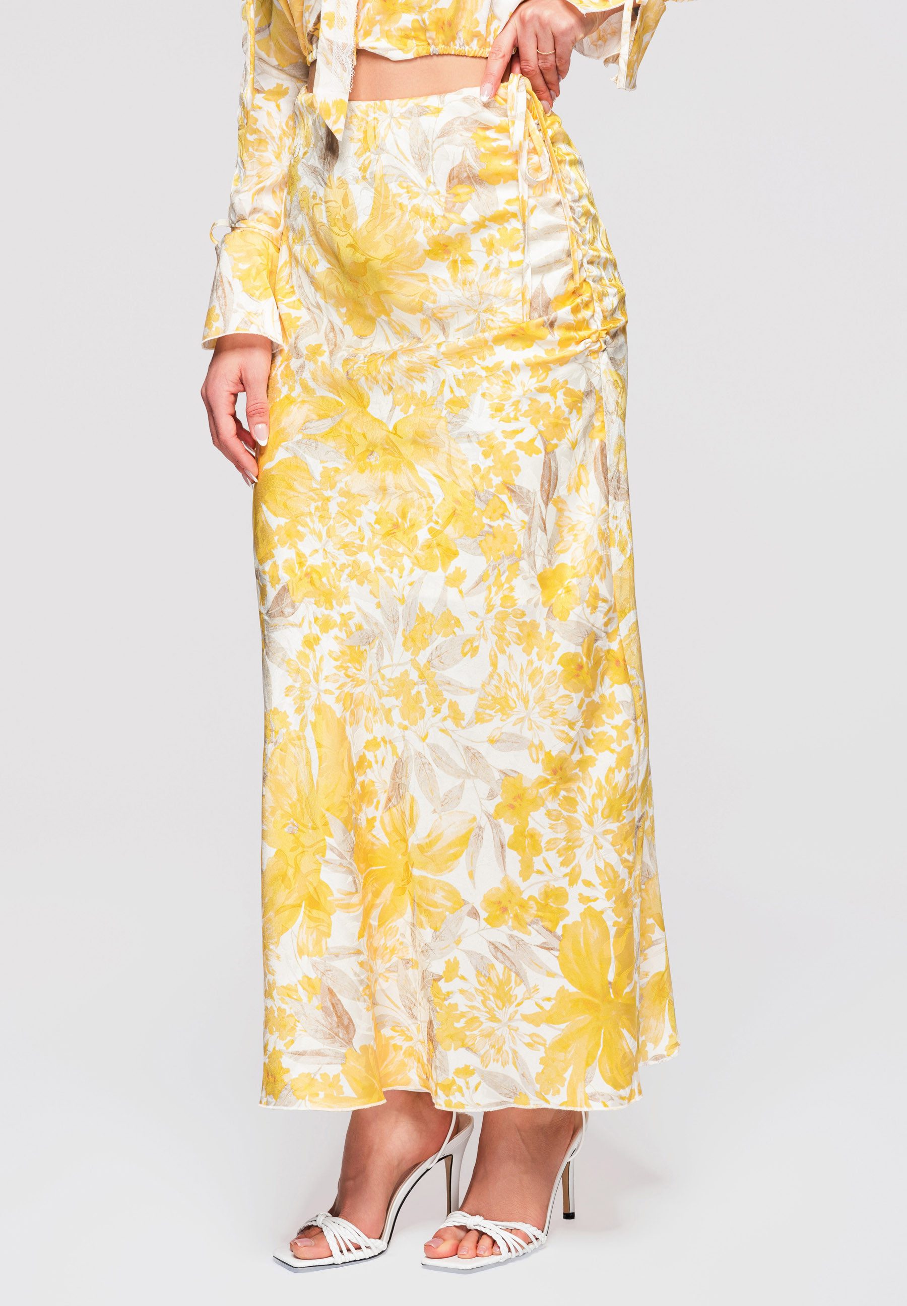 OMBRE Maxirock Damen Maxirock mit Raffung Elegant Gelb M (kein Set, 1-tlg) Asymmetrische Raffung mit Bindeband