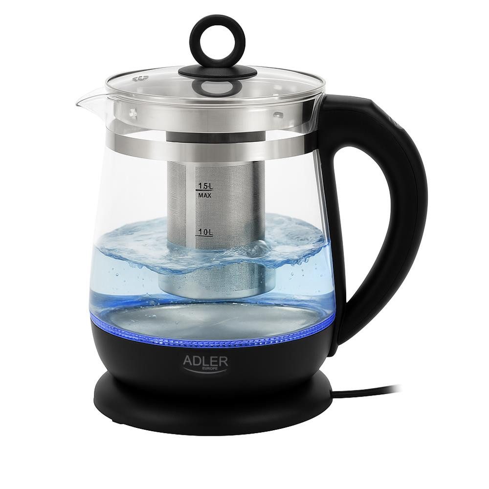 Adler Wasserkocher AD 1299, 1850 W, 1,5 l Glas Wasserkocher mit Teesieb, Temperaturregelung, LED, schwarz