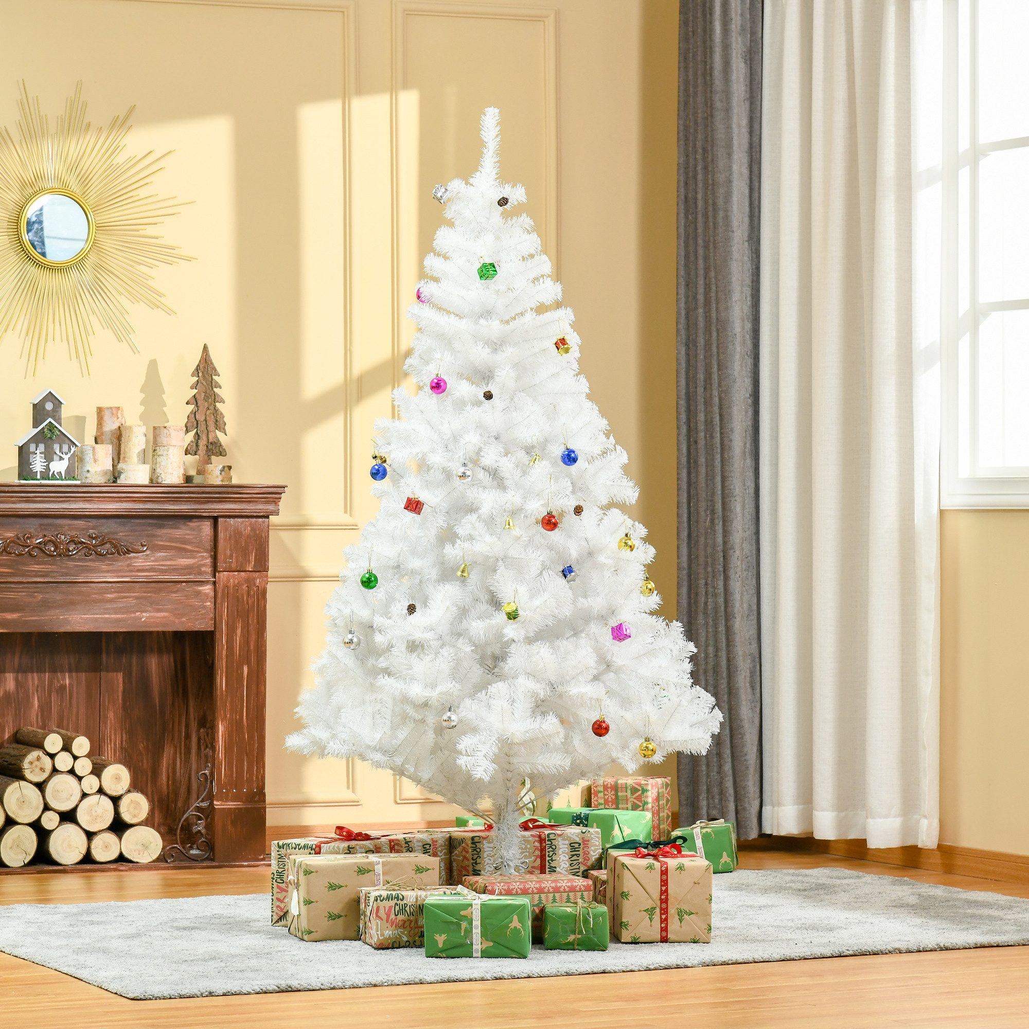 HOMCOM Künstlicher Weihnachtsbaum Kugeln und Glocken mit 680 Spitzen, 12 Tannenzapfen für drinnen, Fichte, WeChristbaum Tannenbaum 180cm mit Ständer inkl. Dekor, weiß