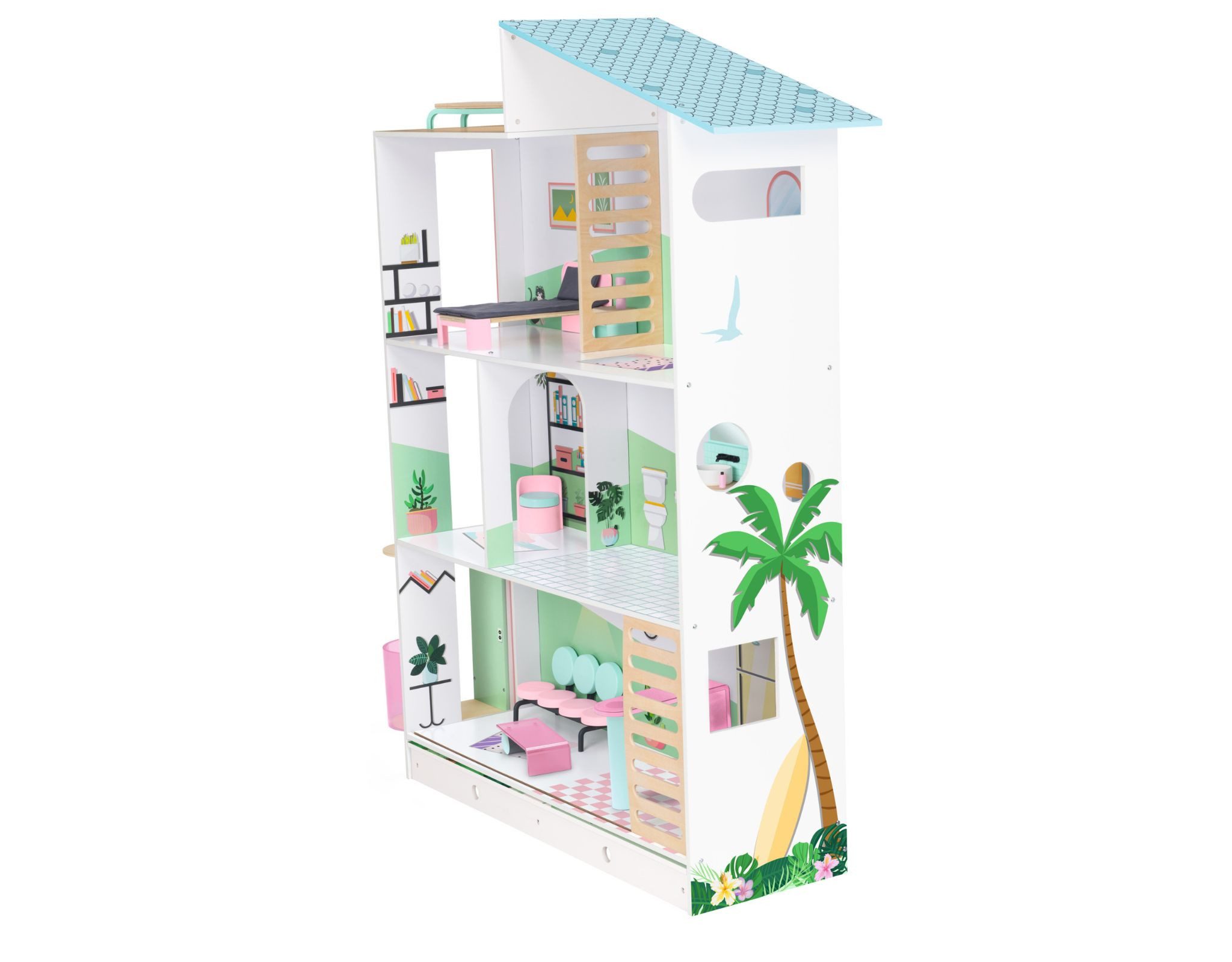 Playtive Puppenhaus Puppenvilla Kinder Puppenhaus 3 Etagen 13-teilig aus Holz ab 3 Jahren, (Set, 13-tlg), mit beweglichem Aufzug, inkl. Pool, Dachterasse und Vorgarten