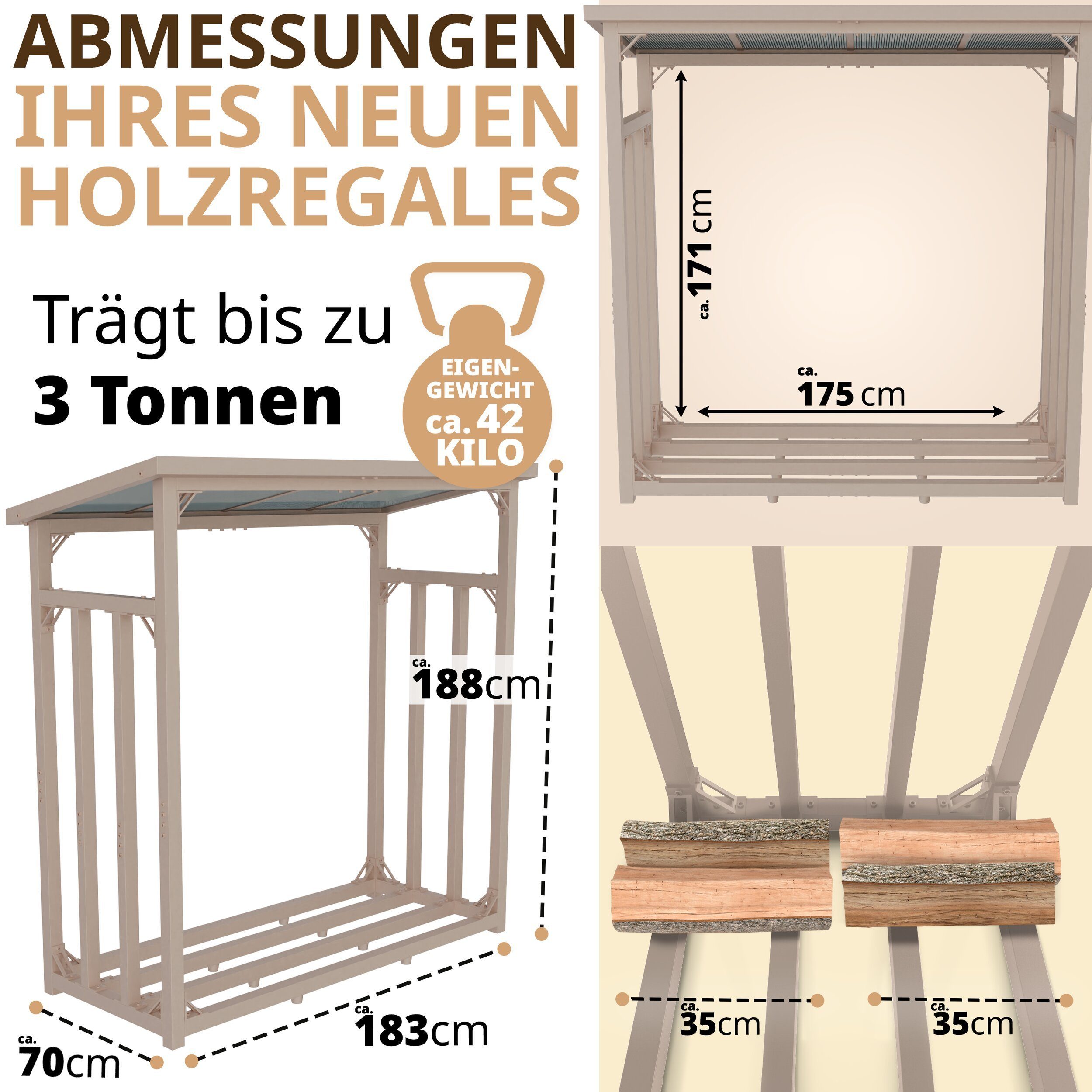 Pulverbeschichtet, Dach aussen), Lifestyle Brennholzregal (Brennholz Abdeckplanen, Holzunterstand Regal, Rückwand Qualität BxTxH:188.00x70.00x188.00 verzinkt and Metall LAWA außen aussen, schwere mit mit Kaminholzregal Living cm, mit