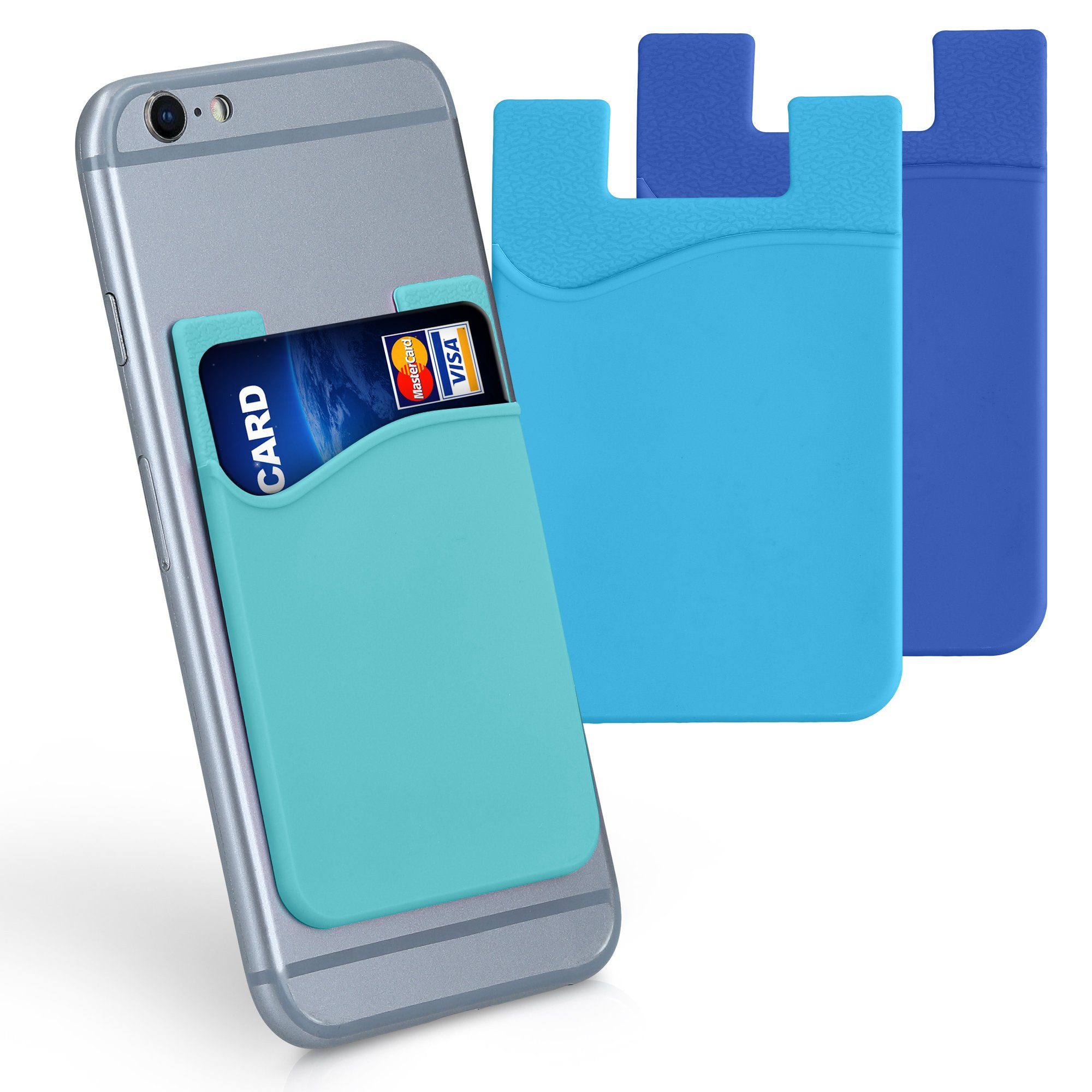 kwmobile Kartenetui 3x Kartenhalter Hülle für Smartphone, selbstklebend - Aufklebbare Silikon Kreditkarten Tasche - 8,5x5,5cm Hellblau