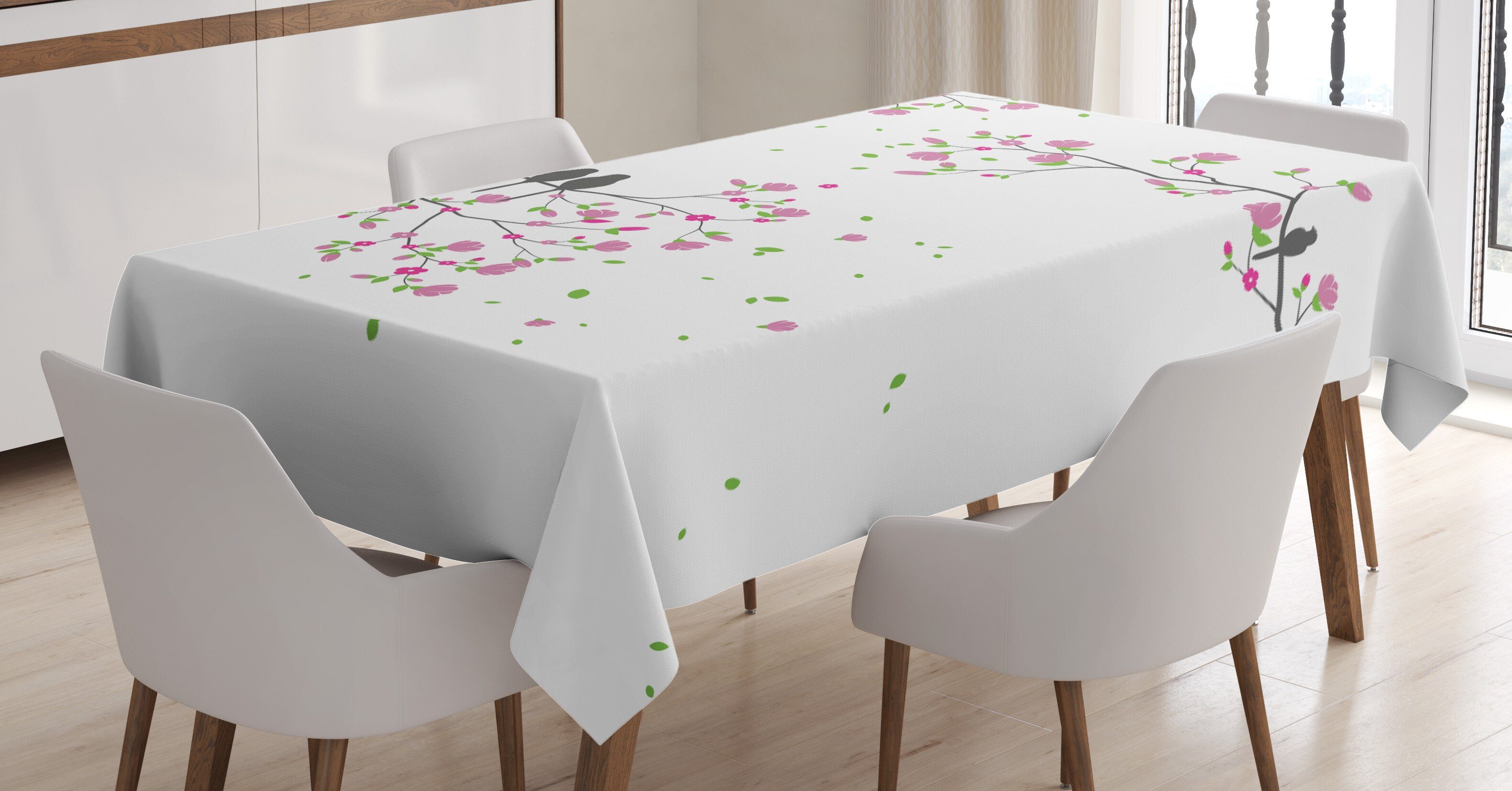 Abakuhaus Tischdecke Farbfest Waschbar Für den Außen Bereich geeignet Klare Farben, Frühling Vögel und Blumen auf Niederlassung