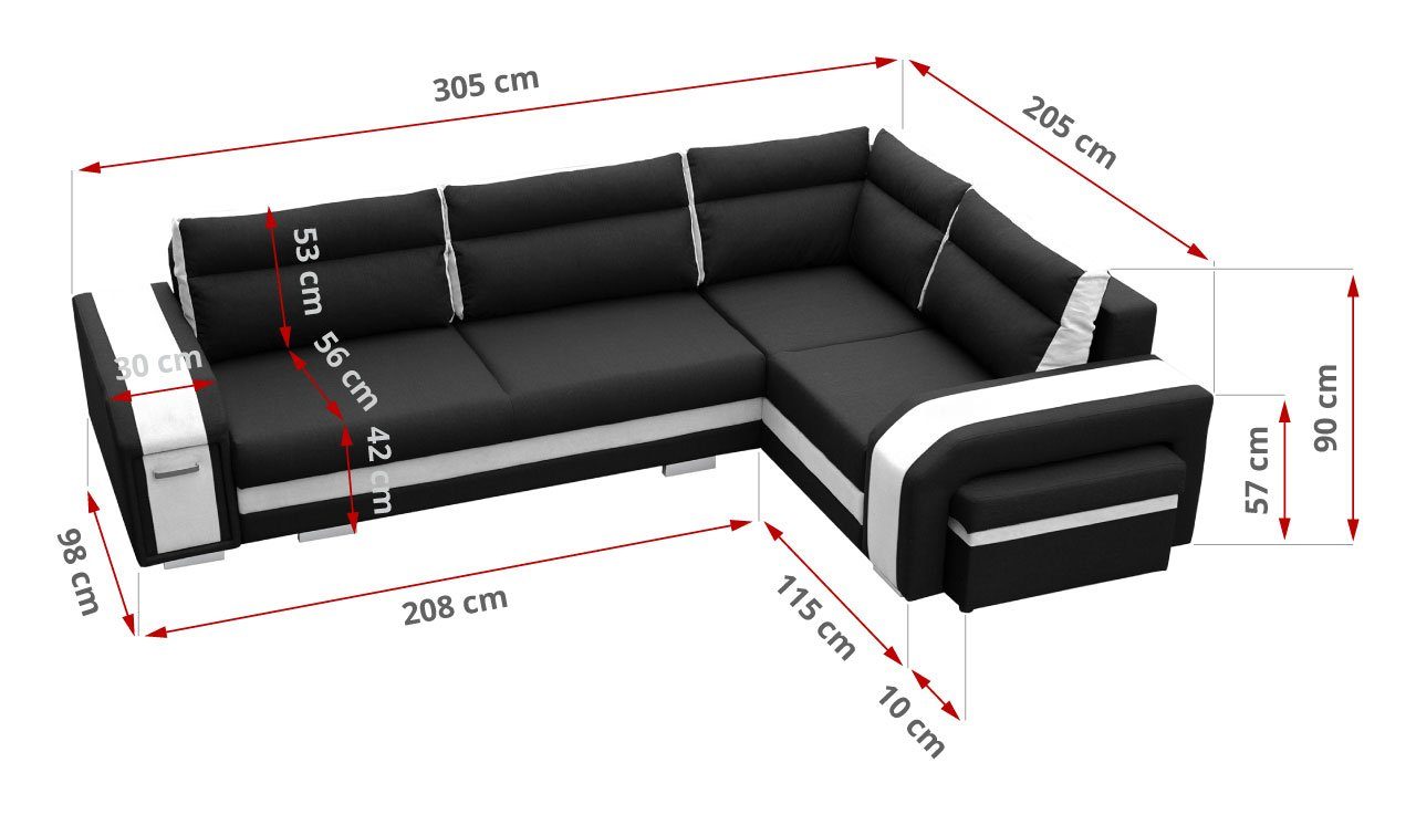 MKS MÖBEL Inari-weiss L-Form Couch Schwarz - Kunstleder NASSAN, mit Ecksofa Hocker und mit Minibar Schlaffunktion