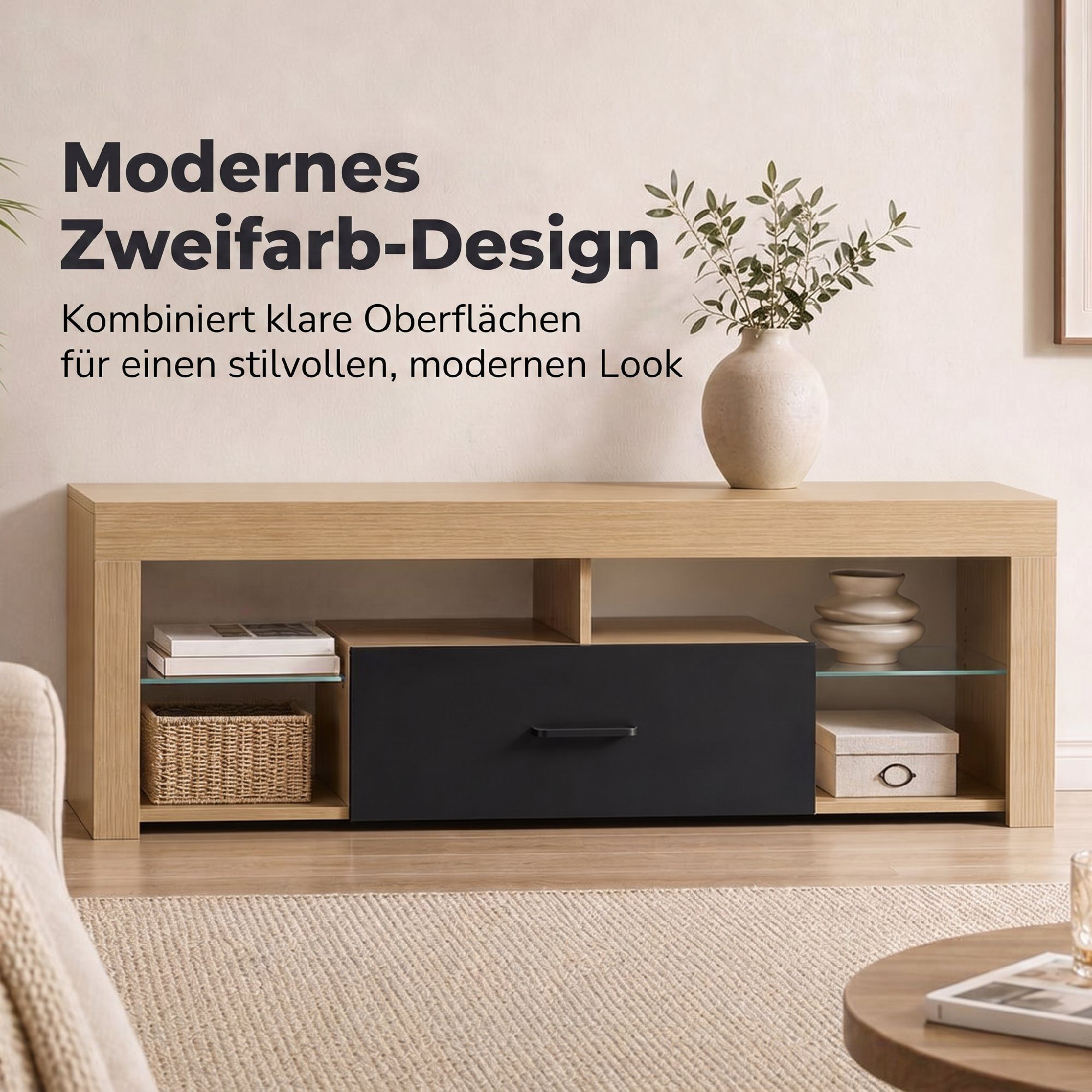 HOMCOM TV-Board mit offenen Fächern und Schublade (Set, 1 St., 1 TV-Lowboard), TV-Lowboard 140 cm, Glasböden verstellbar – Bild 4 von 5