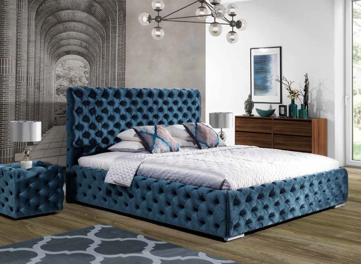 JVmoebel Boxspringbett Samt Velvet Chesterfield Doppelbett in Blau mit Bettkasten (1-St)