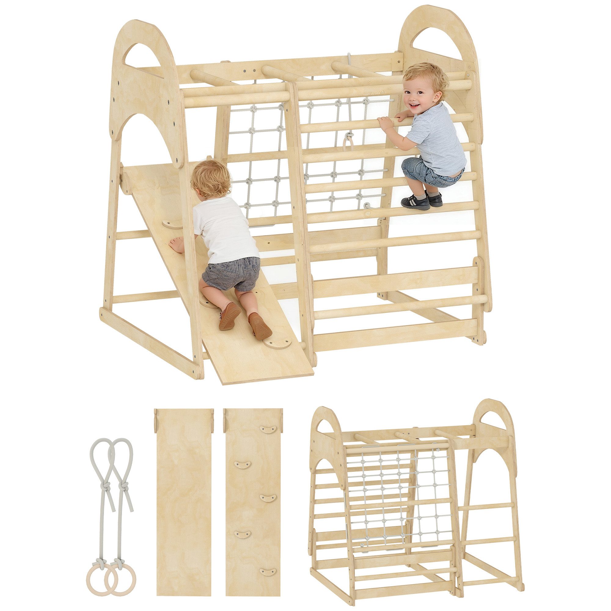 AIYAPLAY Klettergerüst mit Rutsche, Kletterstangen, Turnringen, Leiter, Kletternetz, (6-in-1 Montessori Indoor Spielplatz, 1-St., Holz Kletterturm), für Kinder von 3-6 Jahre, Naturholz