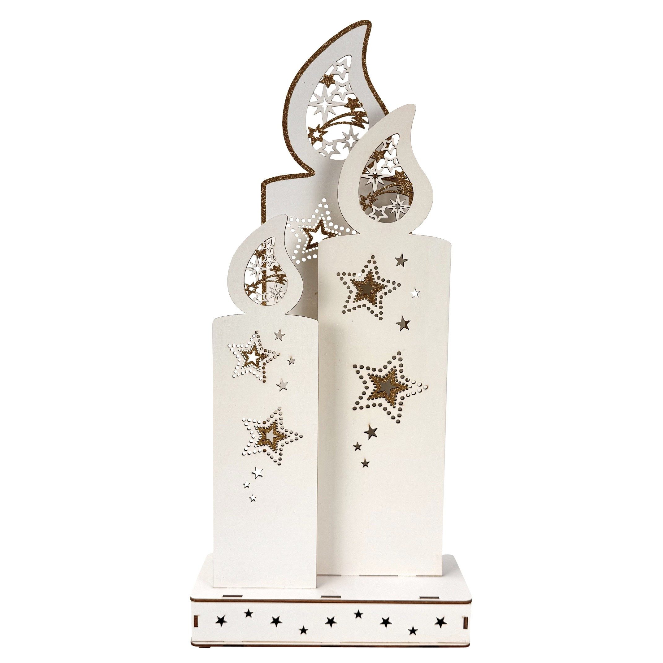 Online-Fuchs LED-Dekofigur 3 große Kerzen aus Holz mit Sternen und Timer- Weihnachtsdeko (mit goldenen Applikationen, 49 cm hoch), praktische 6-Stunden Timerfun – Bild 2 von 4