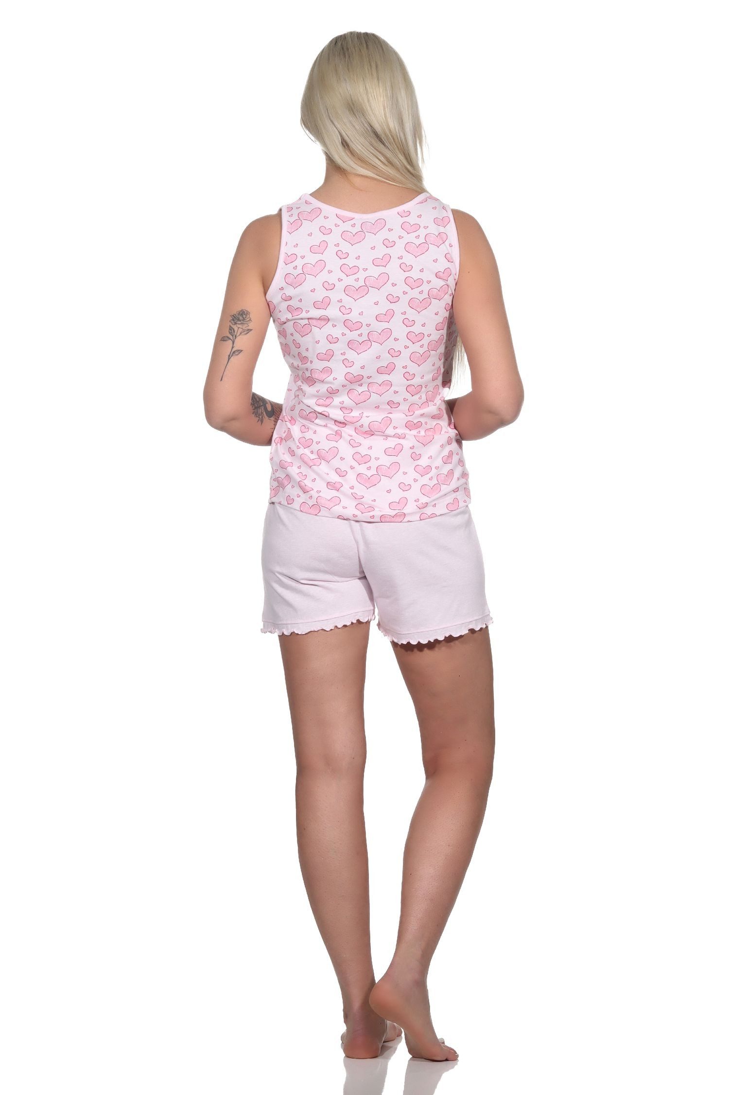 Normann Pyjama Ärmelloser Damen Achselshirt Shorty Schlafanzug in Herz Motiv Optik