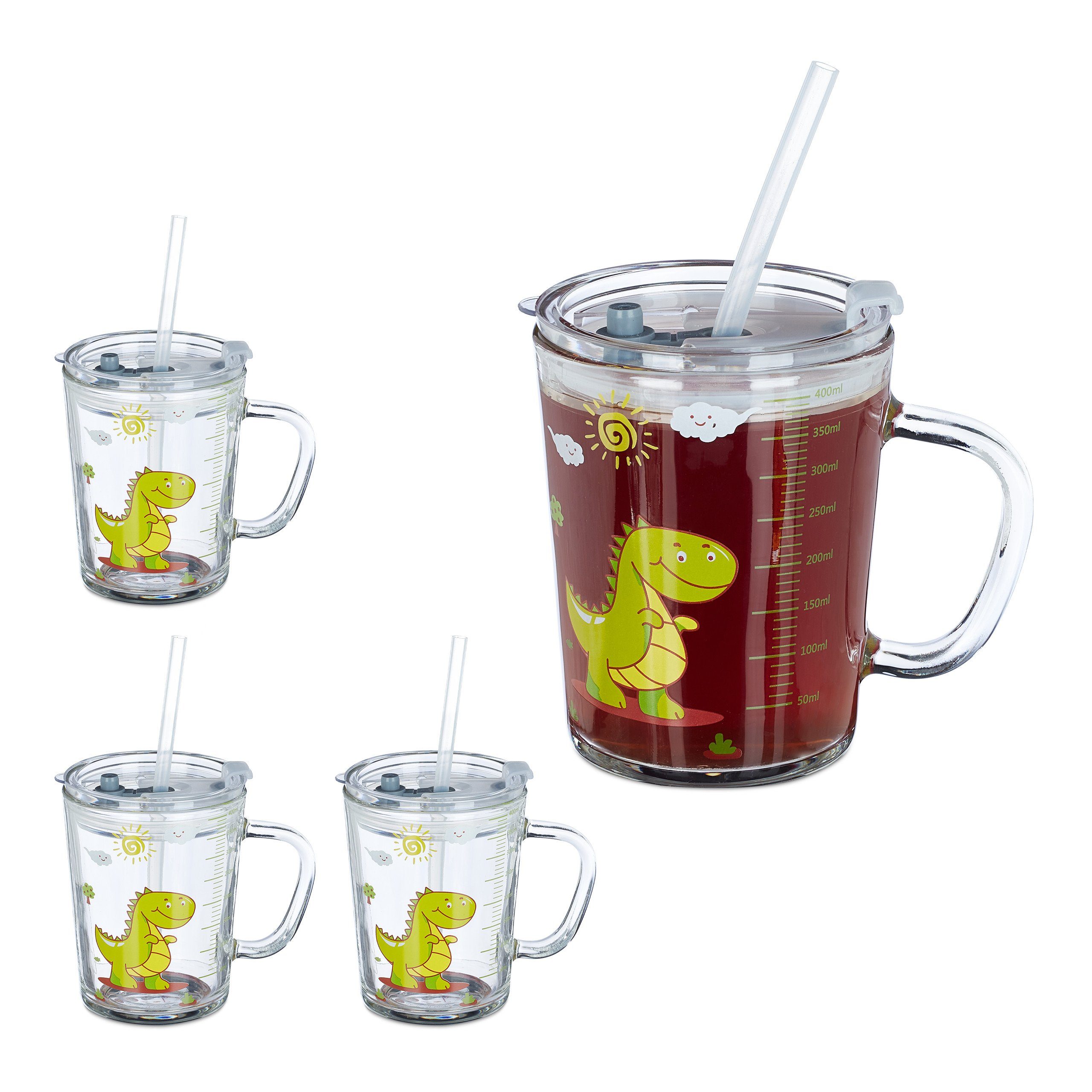 relaxdays Kinderbecher 4 x Trinkglas Kinder Dino, Glas