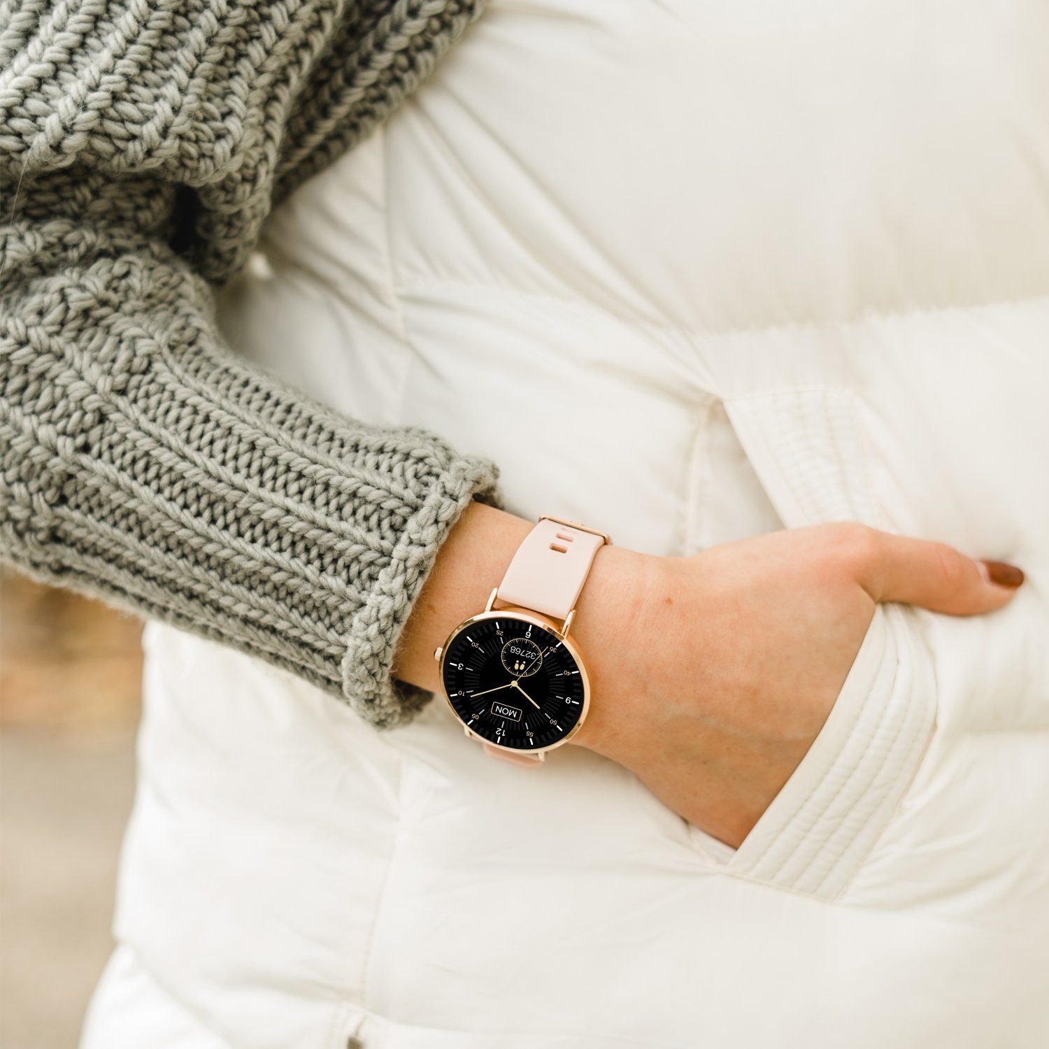 XCOAST SIONA 2 Damen Smartwatch (4,2 cm/1,3 Zoll, iOS Android) ROSE GOLD, Damen Fitness Tracker, neueste Generation, Blutsauerstoffmesser, Wasserdicht, flach, Puls, Blutdruck, brillante Farben, AMOLED