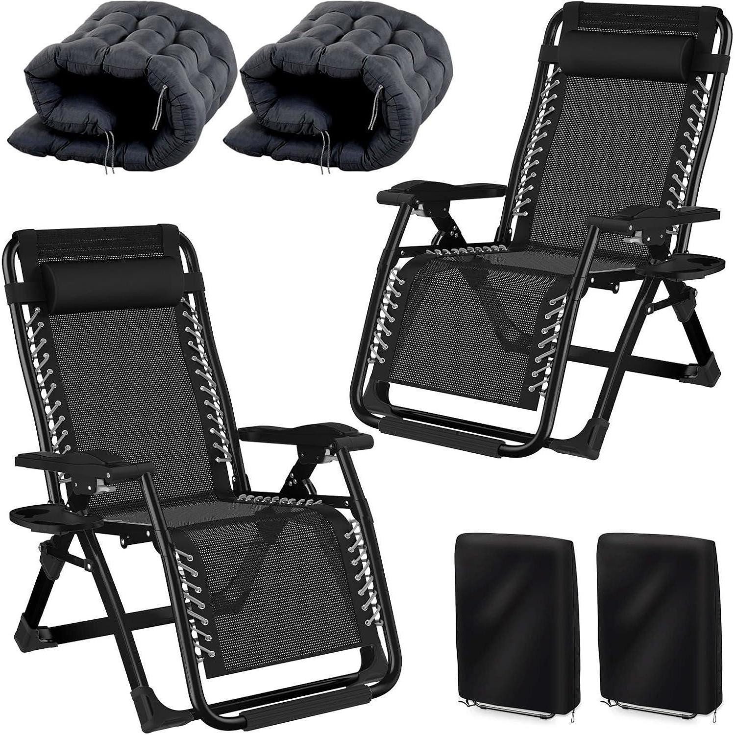 LuxusKollektion Multifunktionsliege Sonnenliege Klappbar Kissen Getränkehalter 77cm Breit 2er Set Schwarz