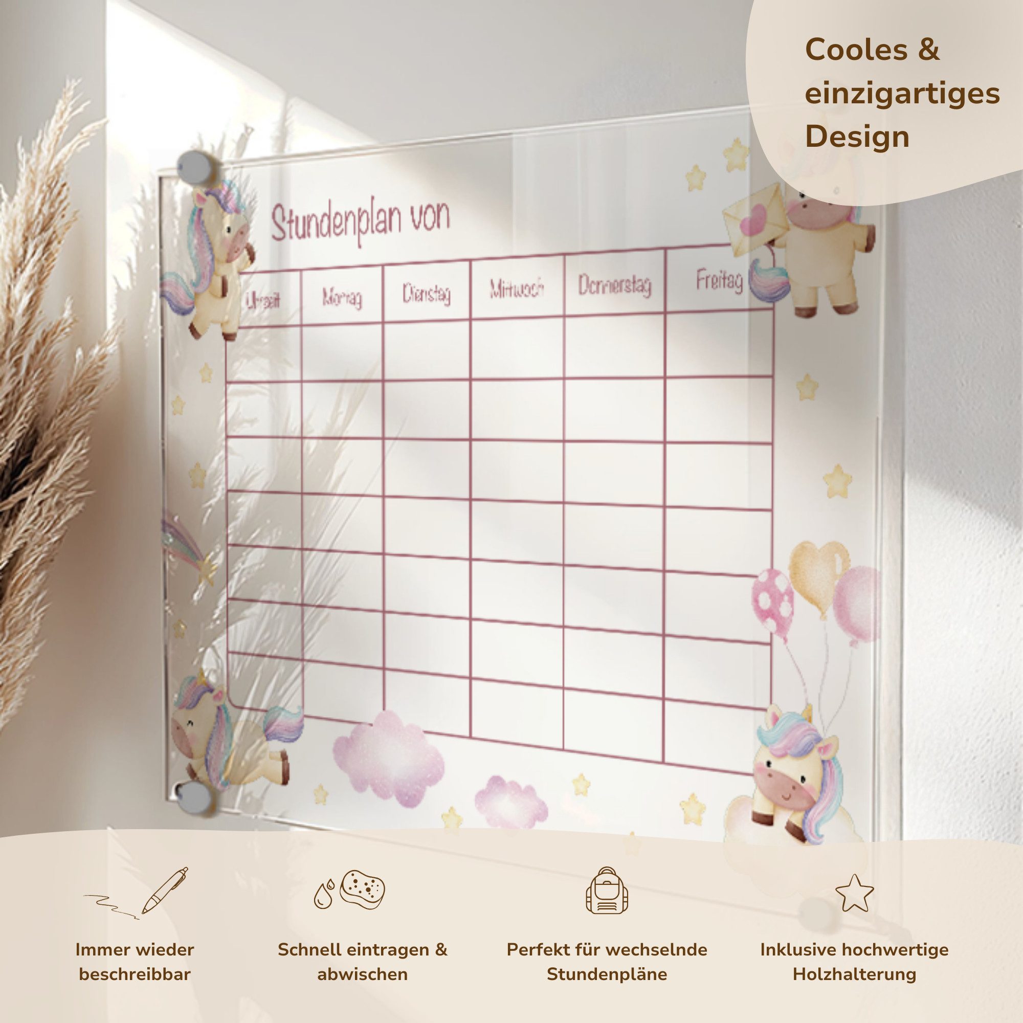 MeinBaby123® Schreibtischkalender Einschulung, Stundenplan Acrylglas transparent, Stundenplan abwischbar, Schulanfang Geschenk,  inkl. Holzhalterung