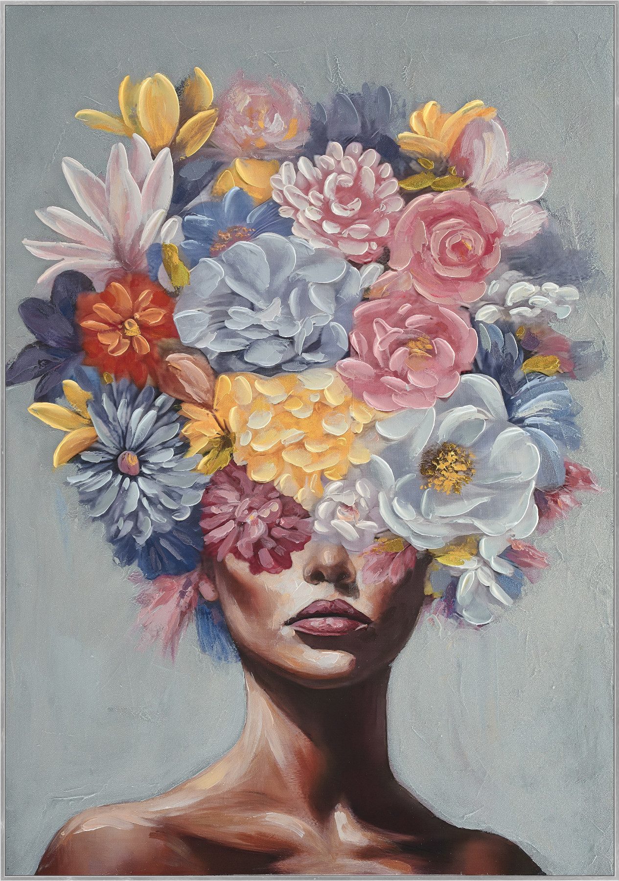 Bönninghoff Ölgemälde handarbeit gerahmt FRAU MIT BLUMEN 60x90 cm – Wandbild Deko, Blumen, Frau, Portrait (1 St), handgefertigt, jedes Bild ein Unikat, Schattenfugenrahmen