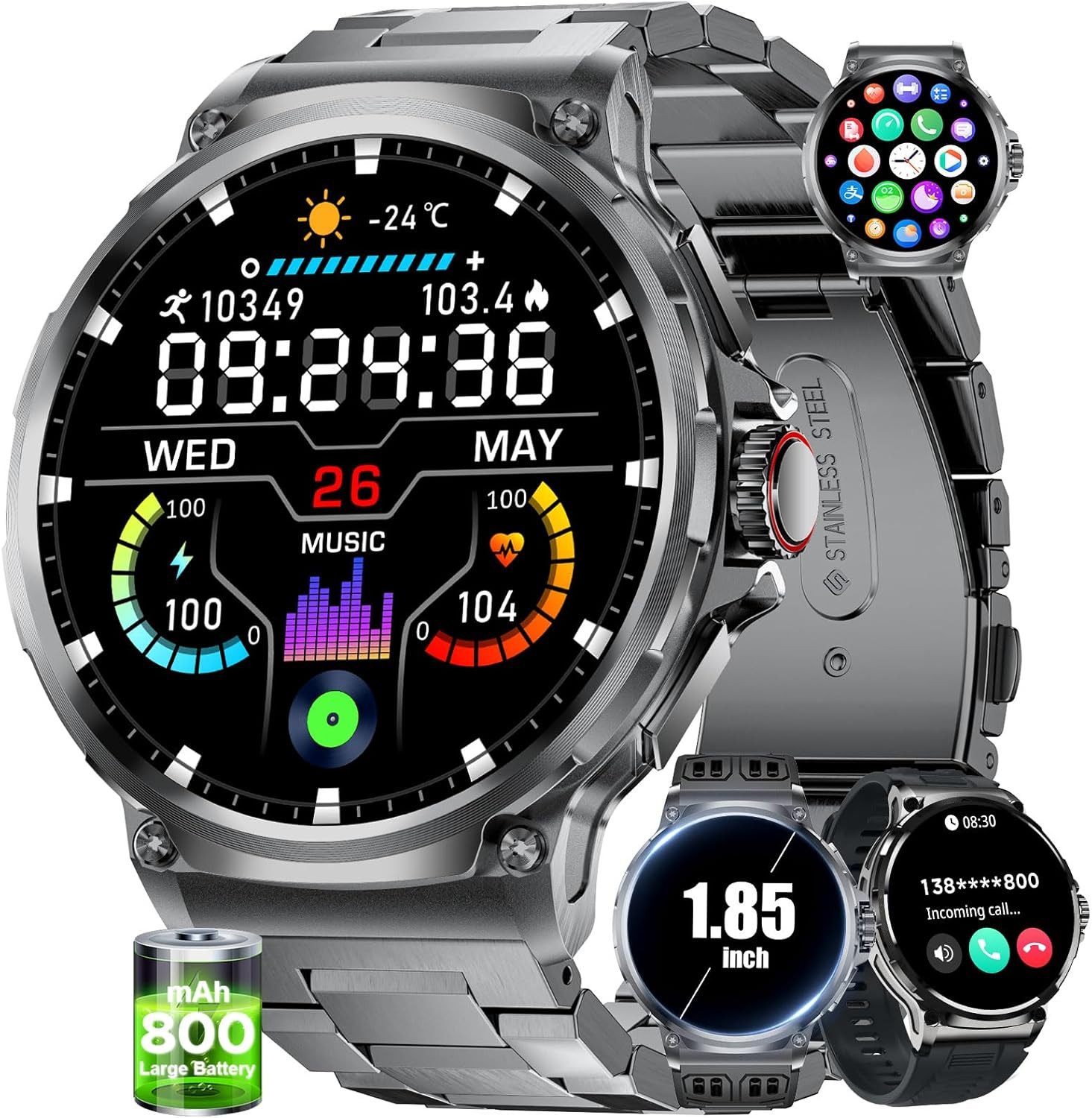 Lige EF10-C Smartwatch (4,7 cm, Android ios), Herrensmartwatch 1,85 Zoll mit 2 Armbändern, Bluetooth, IP68