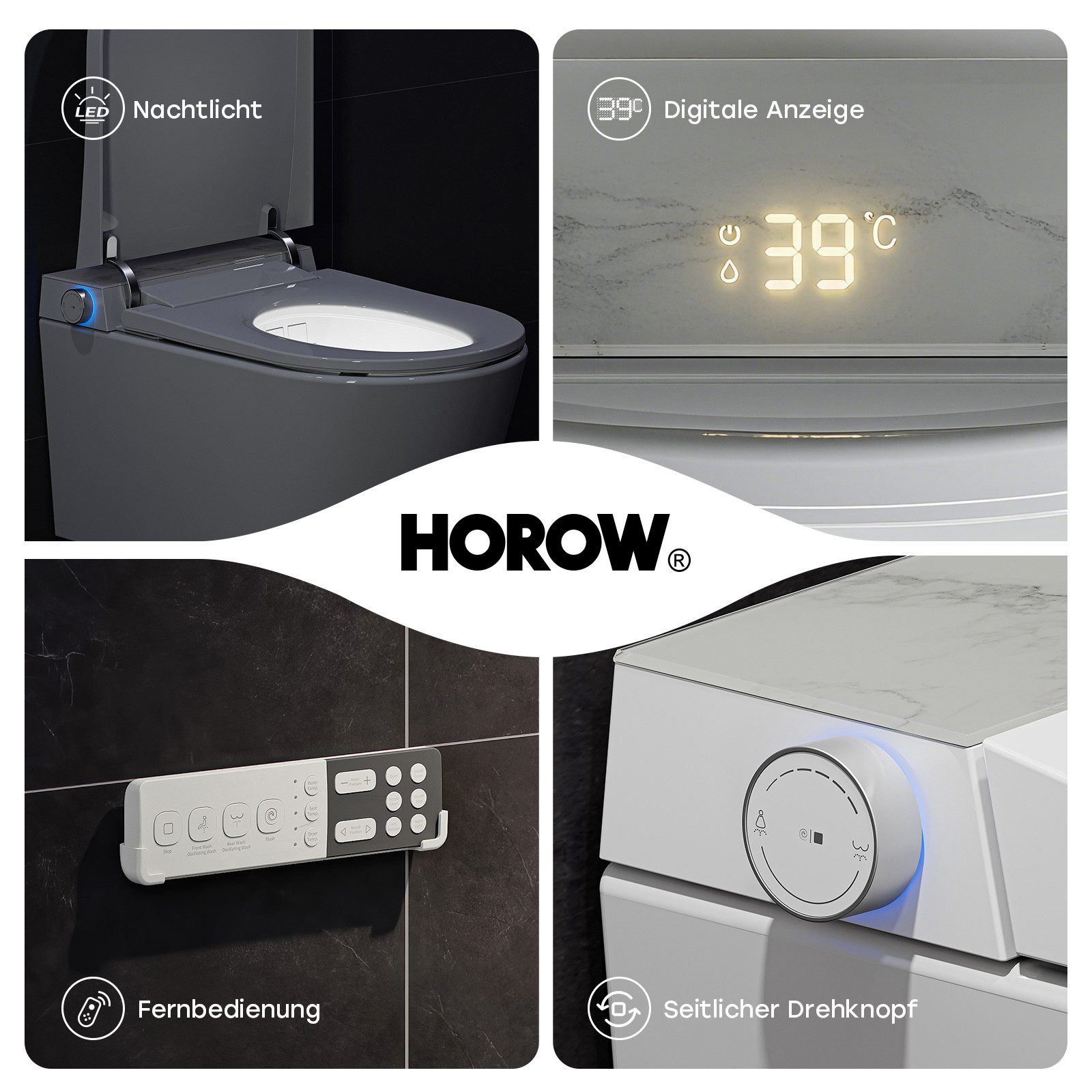 HOROW Dusch-WC Intelligente WC mit Bidet Funktion, Wand-WC, Japanische spülrandlos WC, Wand WC, Abgang waagerecht, mit Warmwasser, Beheizter Sitz, Instellbarem  – Bild 5 von 5
