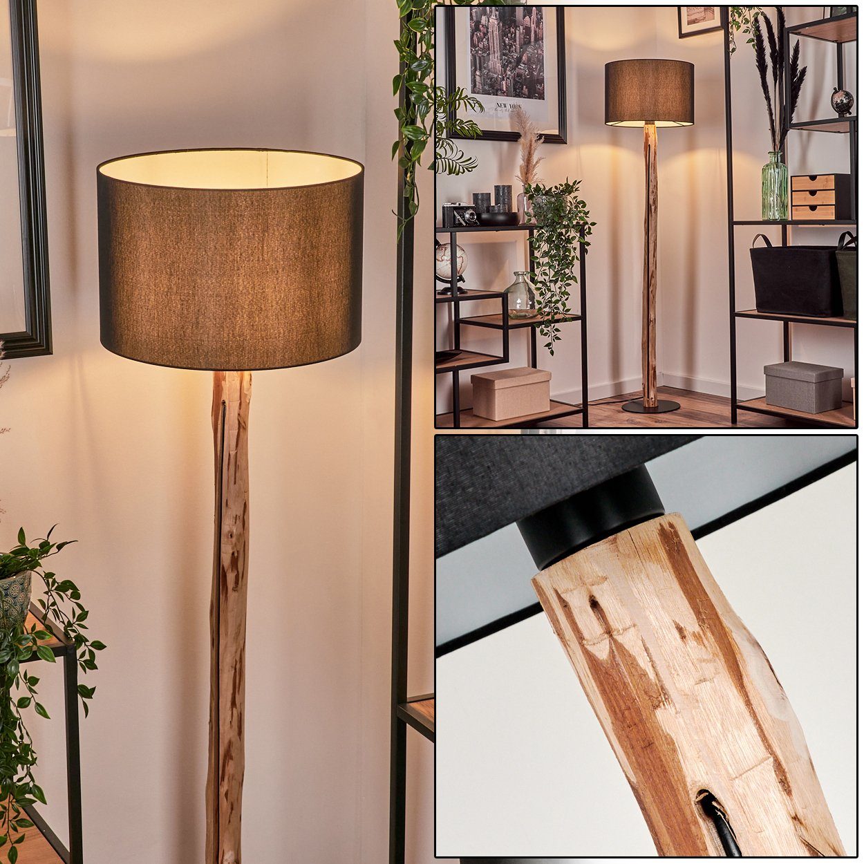 hofstein Stehlampe moderne Stehlampe aus Holz/Metall/Stoff in Natur/Schwarz/Weiß, ohne Leuchtmittel, mit rundem Schirm (38cm) u. Fußschalter, 1x E27, ohne Leuchtmittel