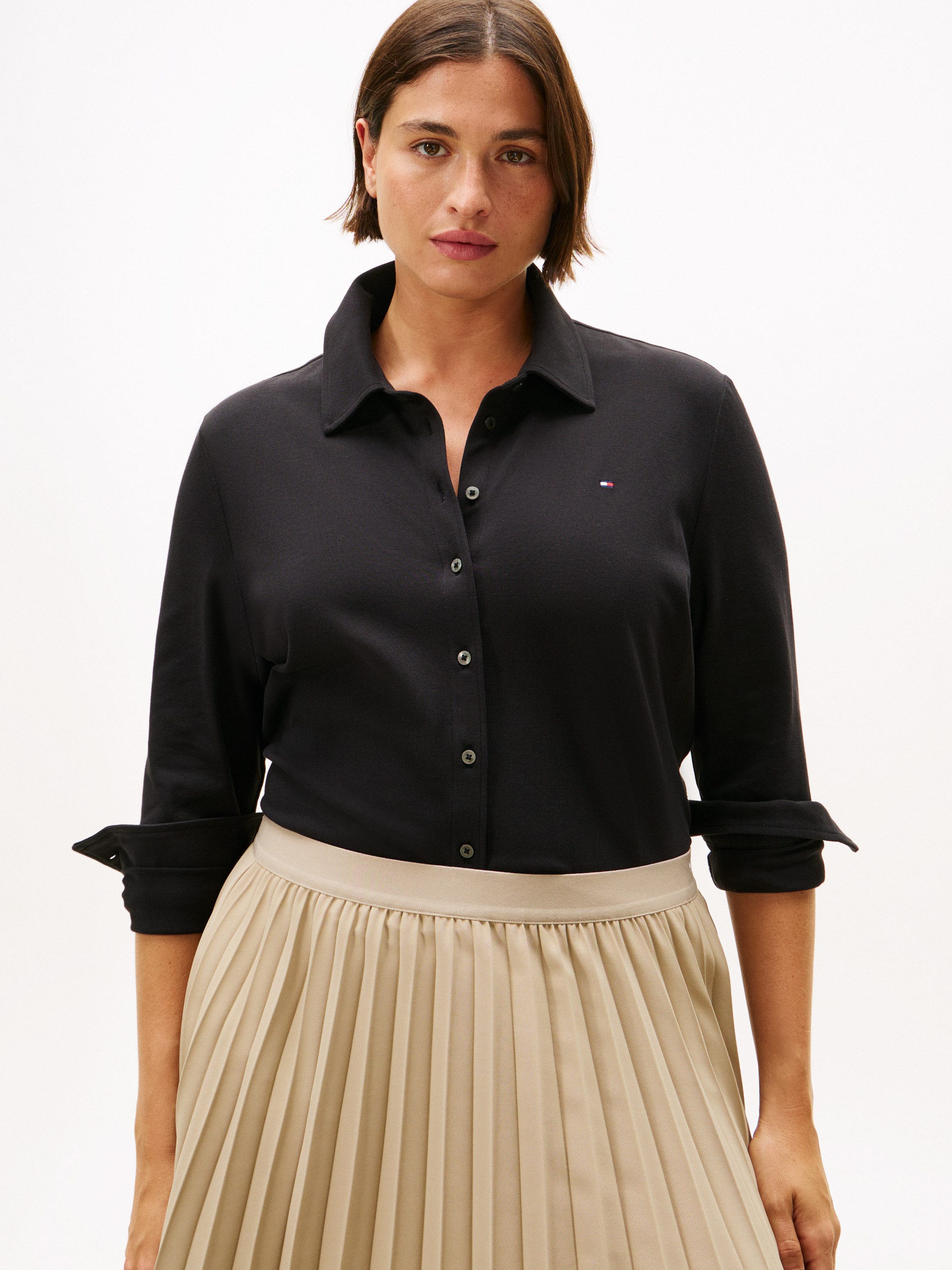 Tommy Hilfiger Curve Langarmbluse CRV 1985 SLIM PIQU in großen Größen, aus Pique Qualität