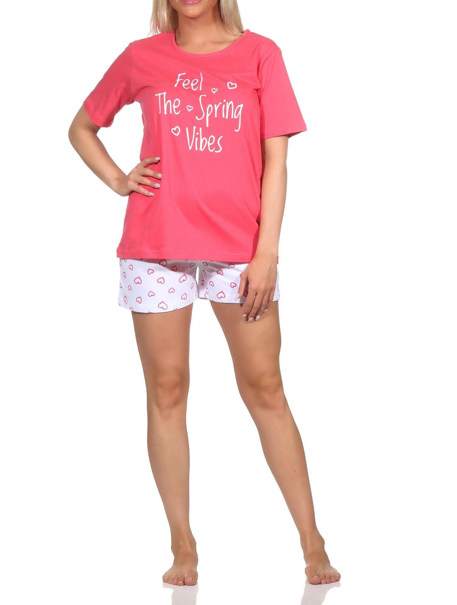 Pyjama Normann Damen Schlafanzug kurzarm Shorty mit Hose in Herz Optik